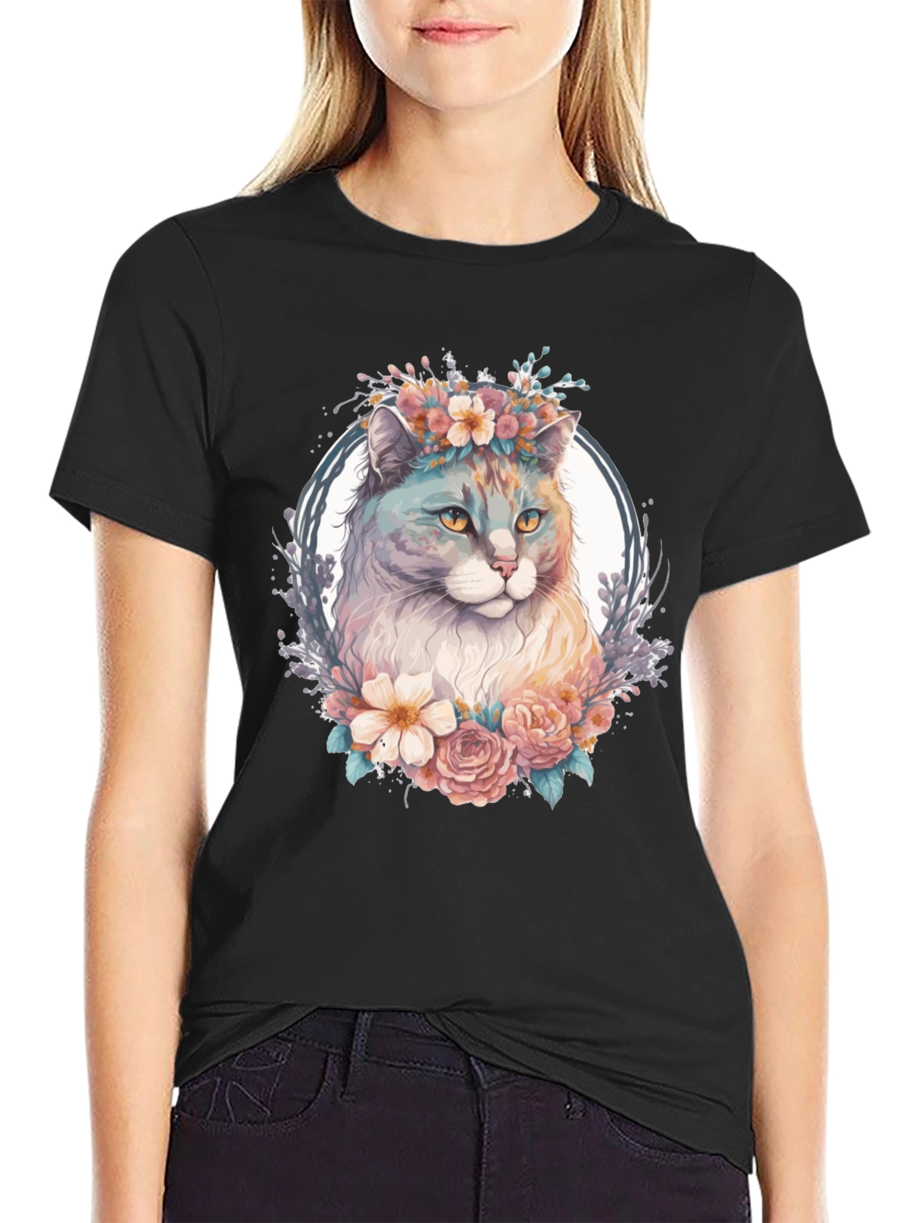 Floral Cat Graphic T-Shirt