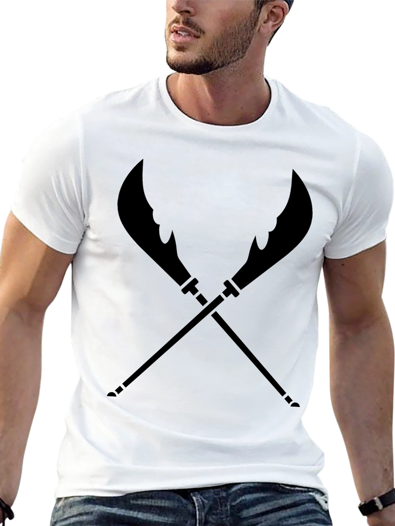 Black T-Shirt with Crossed Weapon Design