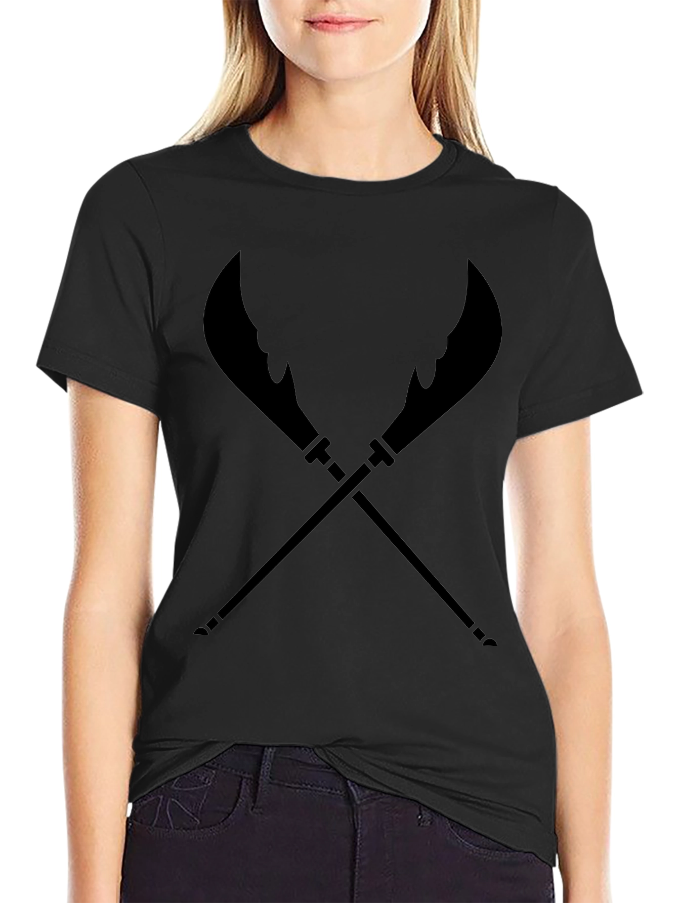 Black T-Shirt with Crossed Weapon Design