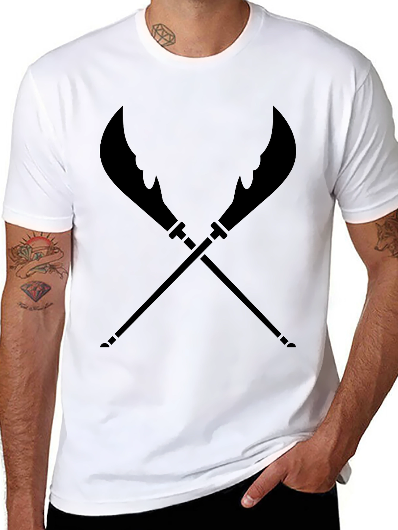 Black T-Shirt with Crossed Weapon Design