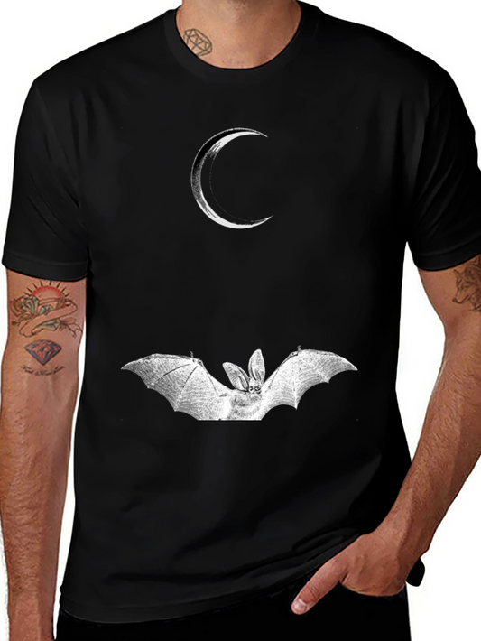 Crescent Moon and Bat Graphic Black T-Shirt