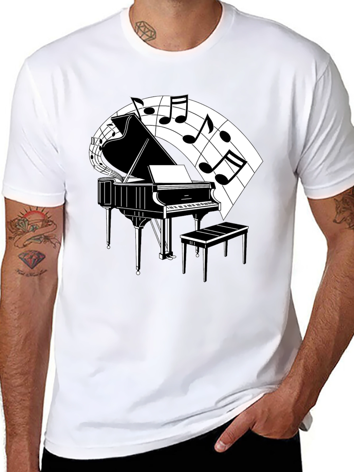 Piano and Music Note Graphic Tee - Classic Black