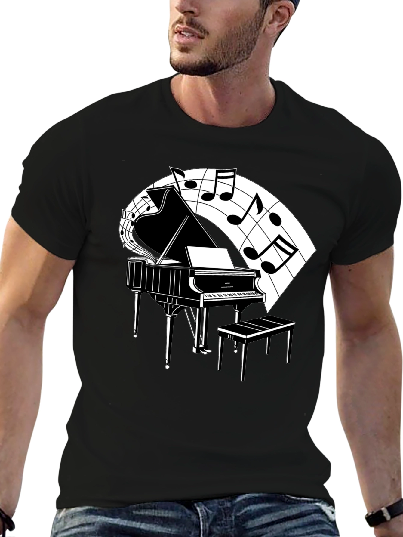 Piano and Music Note Graphic Tee - Classic Black