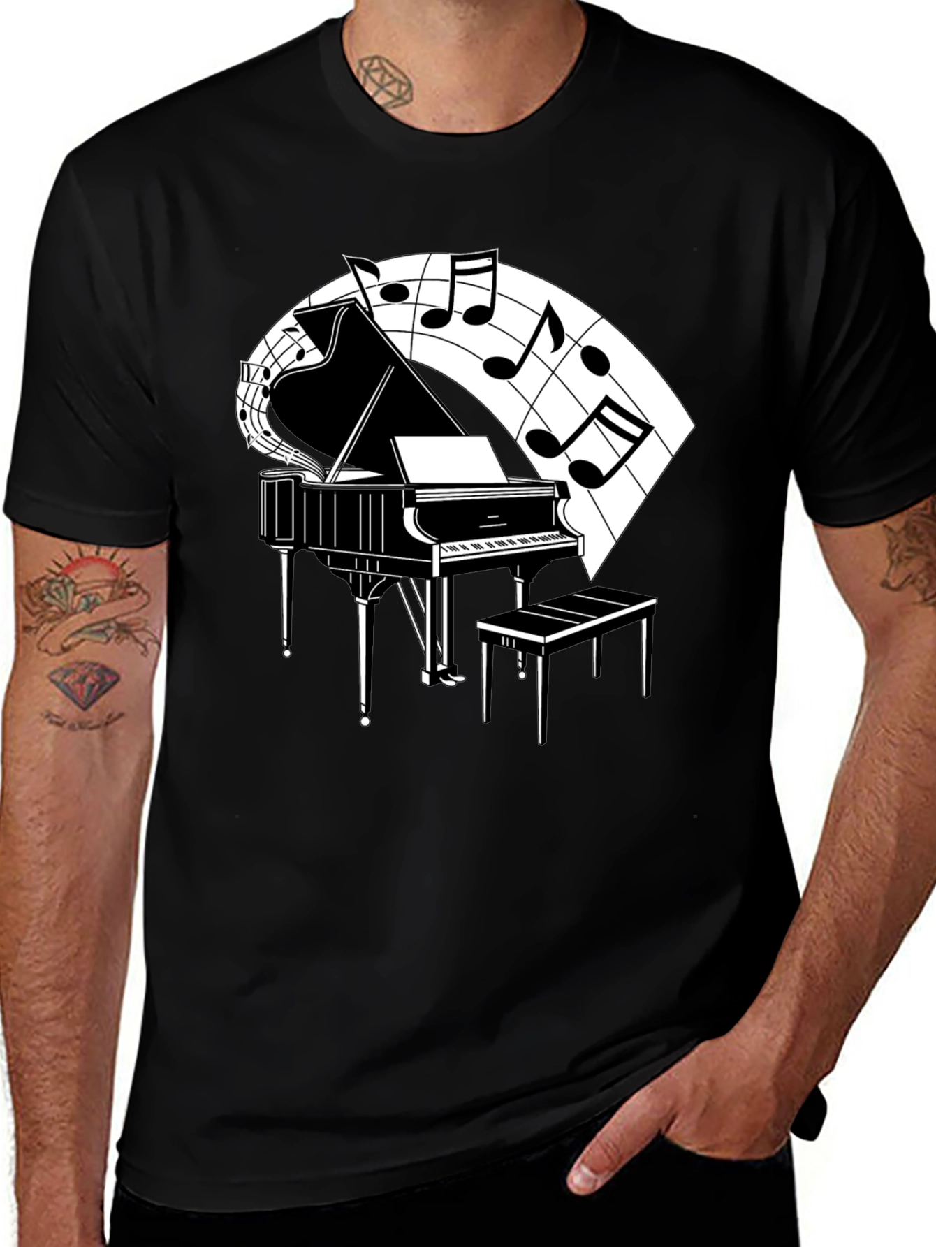 Piano and Music Note Graphic Tee - Classic Black