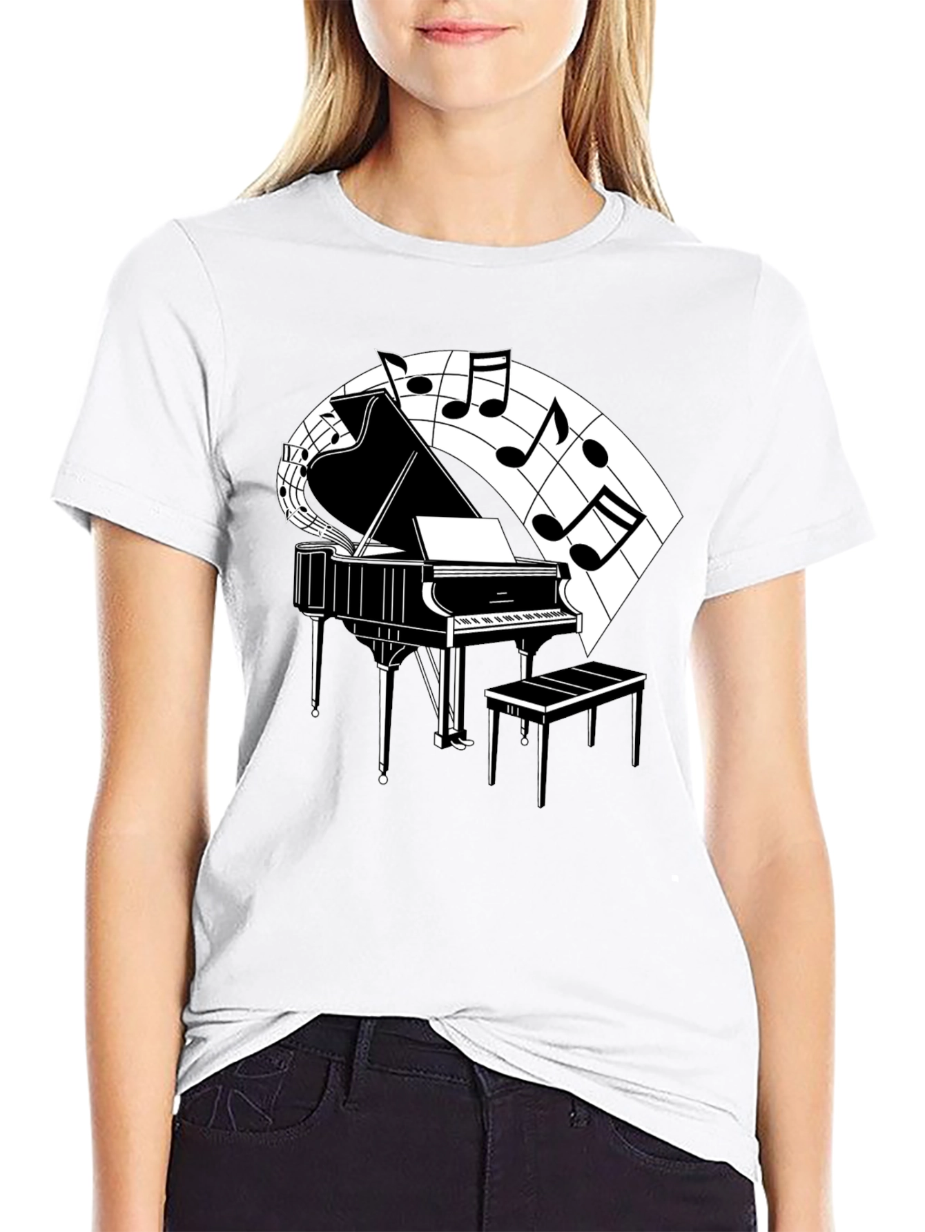 Piano and Music Note Graphic Tee - Classic Black