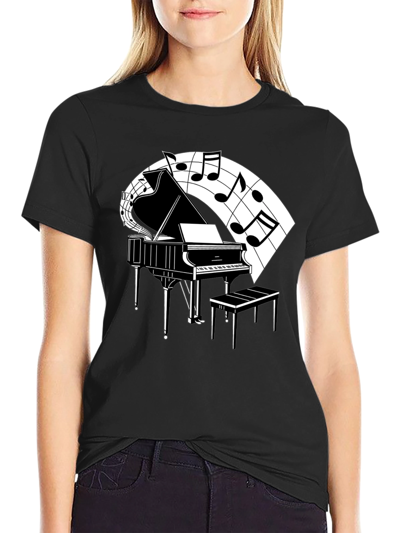 Piano and Music Note Graphic Tee - Classic Black