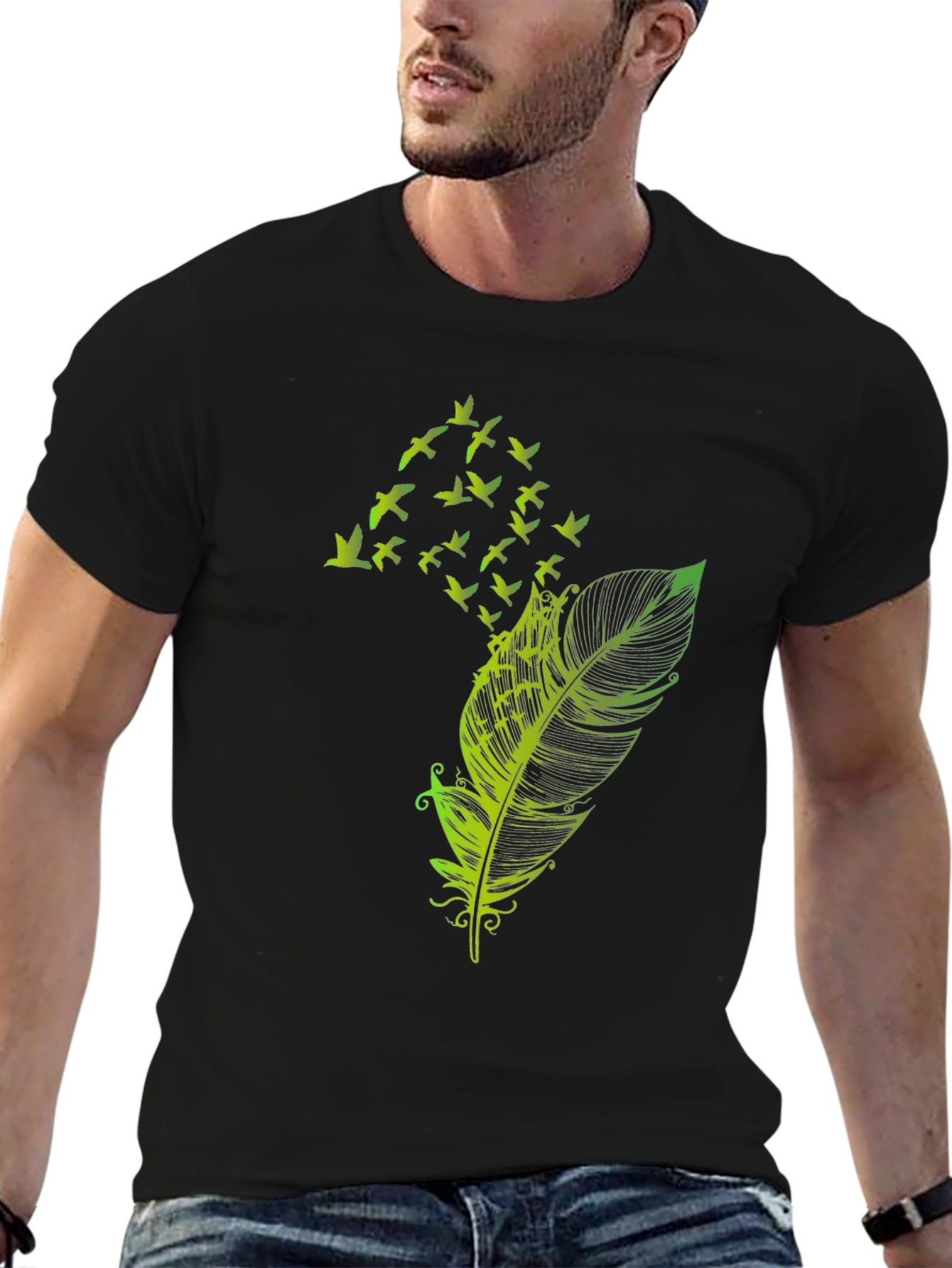 Feather Birds Graphic Tee - Black Cotton T-Shirt