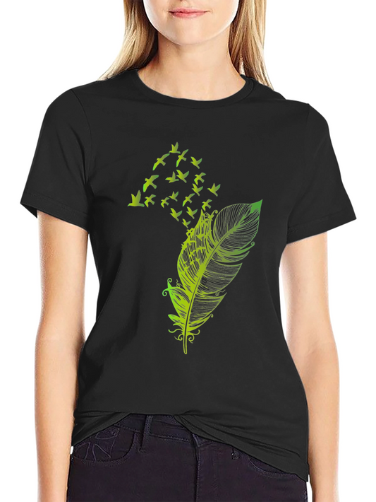 Feather Birds Graphic Tee - Black Cotton T-Shirt