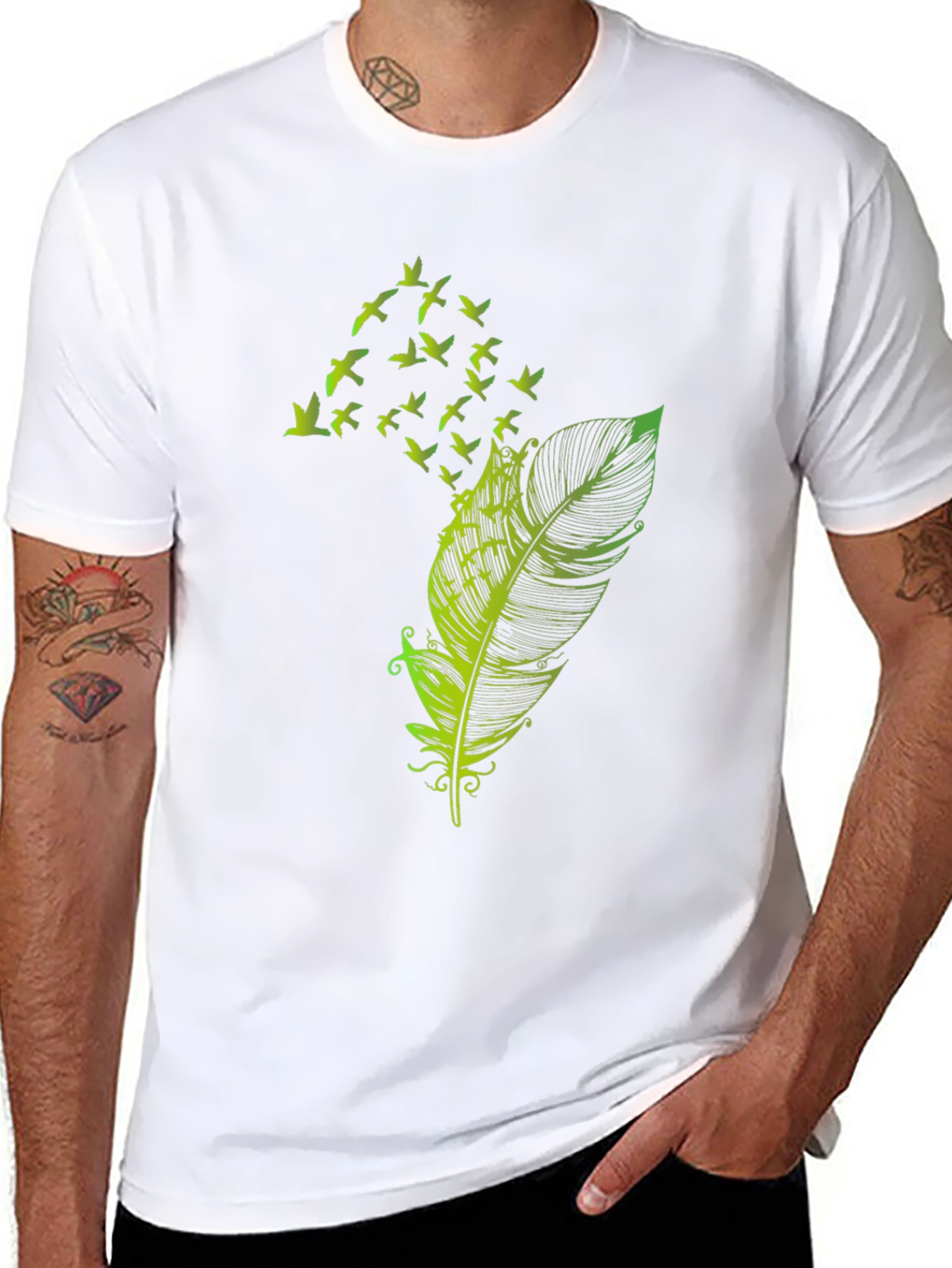 Feather Birds Graphic Tee - Black Cotton T-Shirt