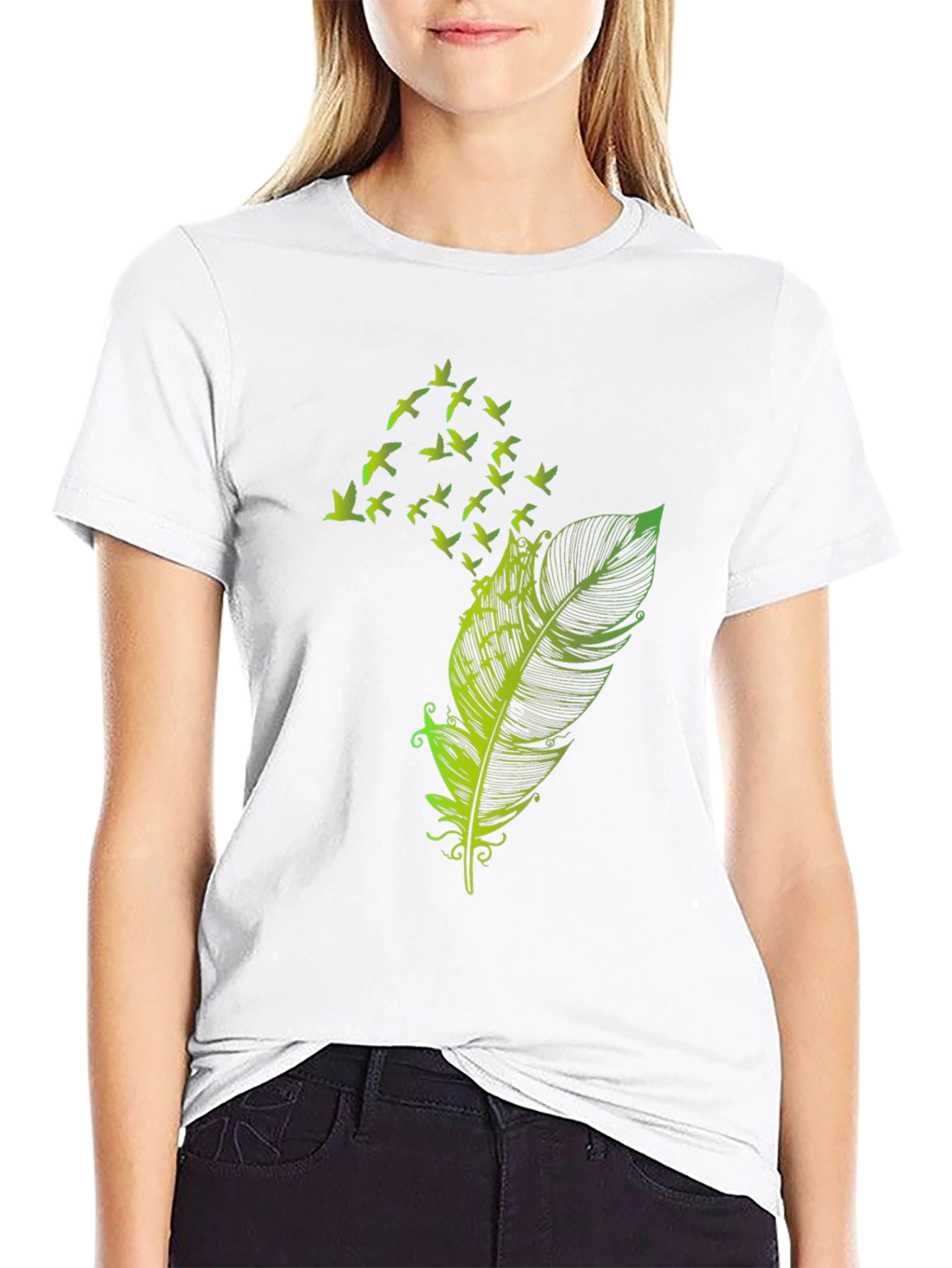 Feather Birds Graphic Tee - Black Cotton T-Shirt