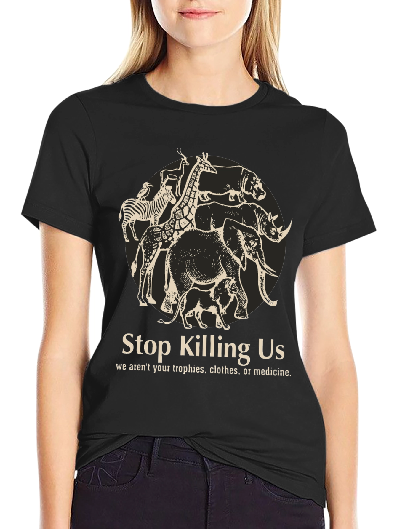 Stop Killing Us Animal Graphic T-Shirt - Black
