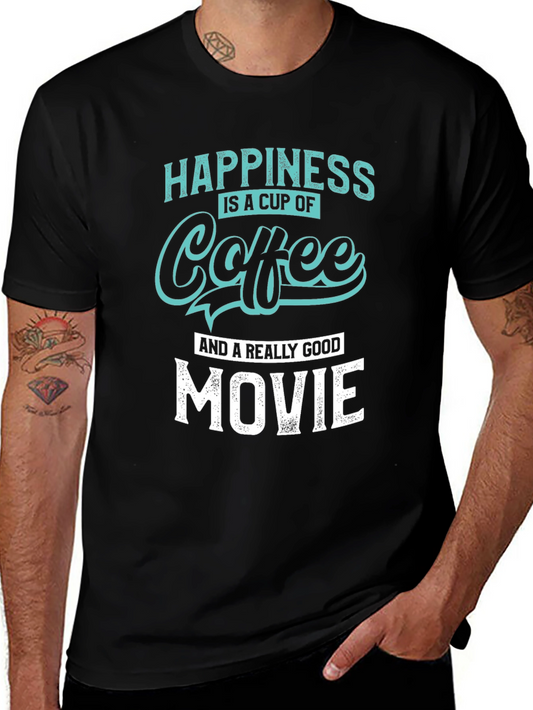 Happiness Coffee & Movie Graphic Tee - Black Cotton T-Shirt