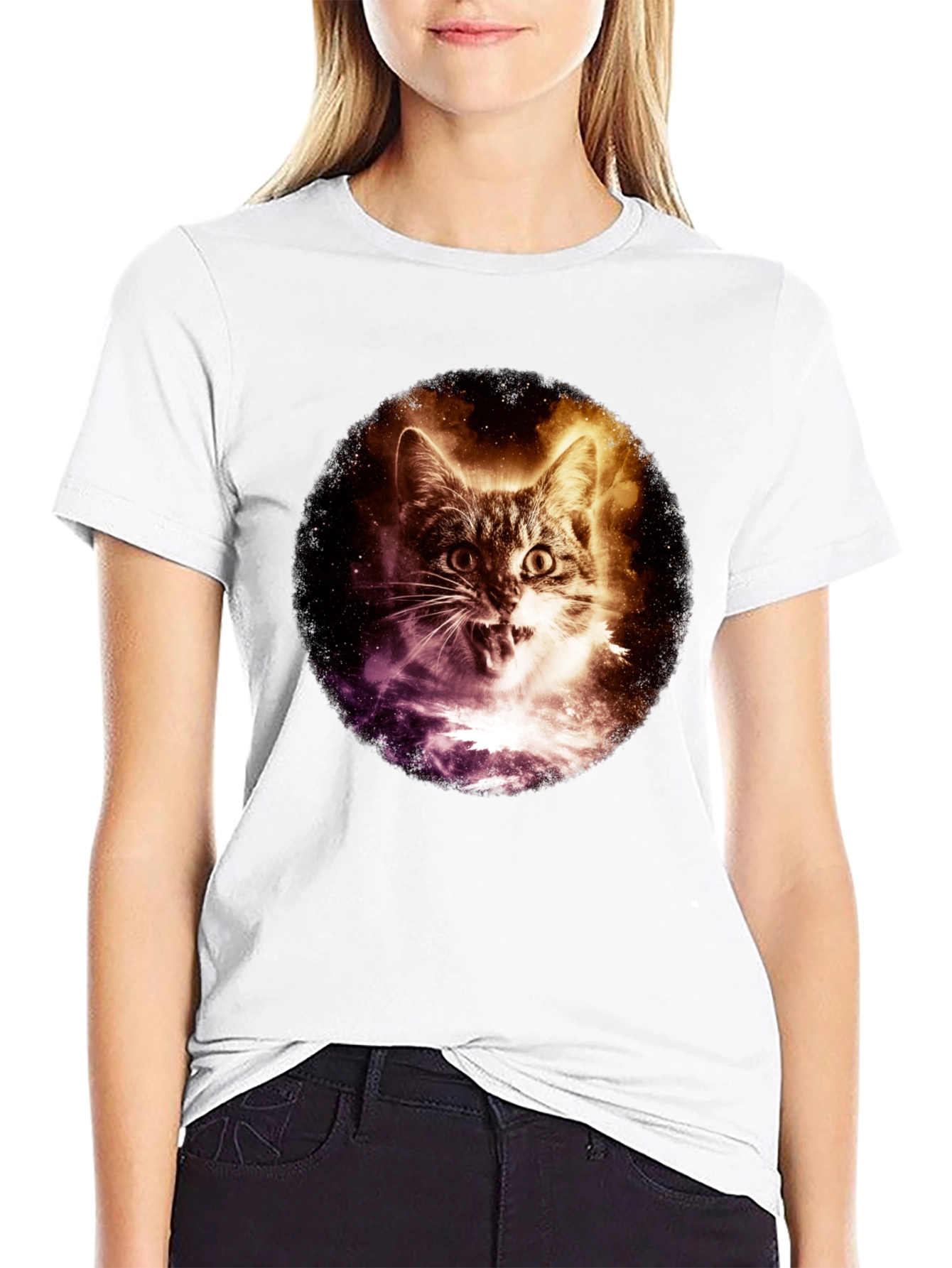 Cosmic Cat Graphic Tee - Black Short Sleeve