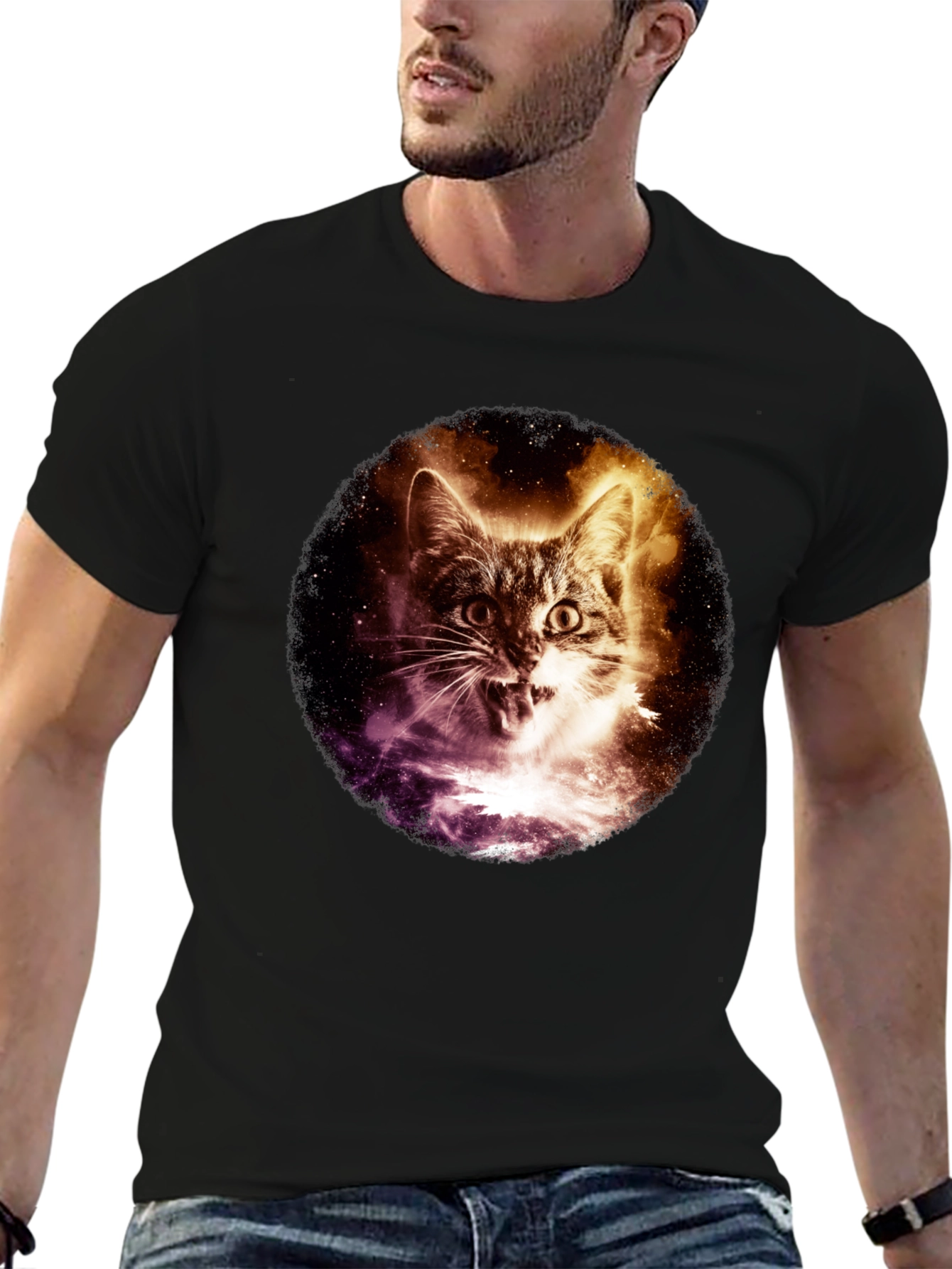 Cosmic Cat Graphic Tee - Black Short Sleeve