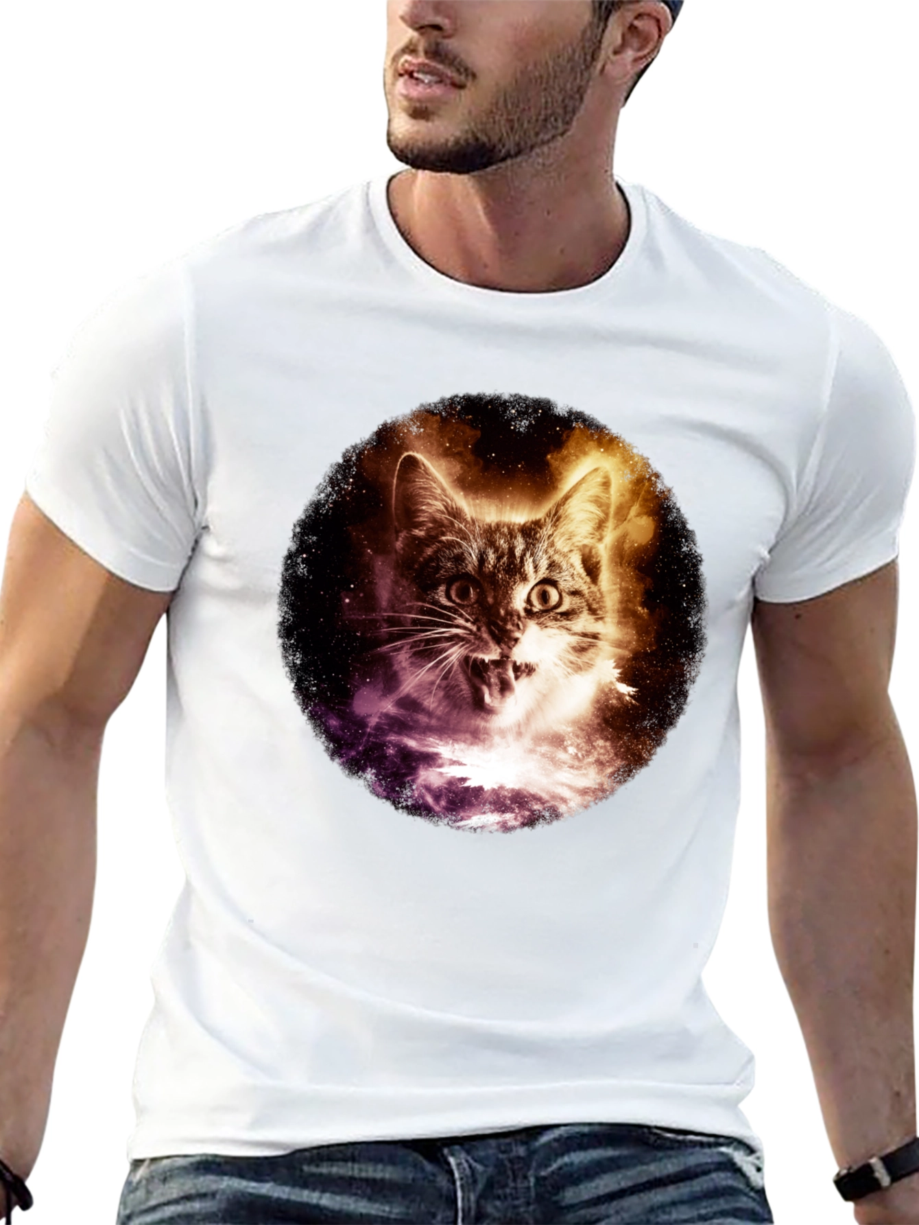 Cosmic Cat Graphic Tee - Black Short Sleeve