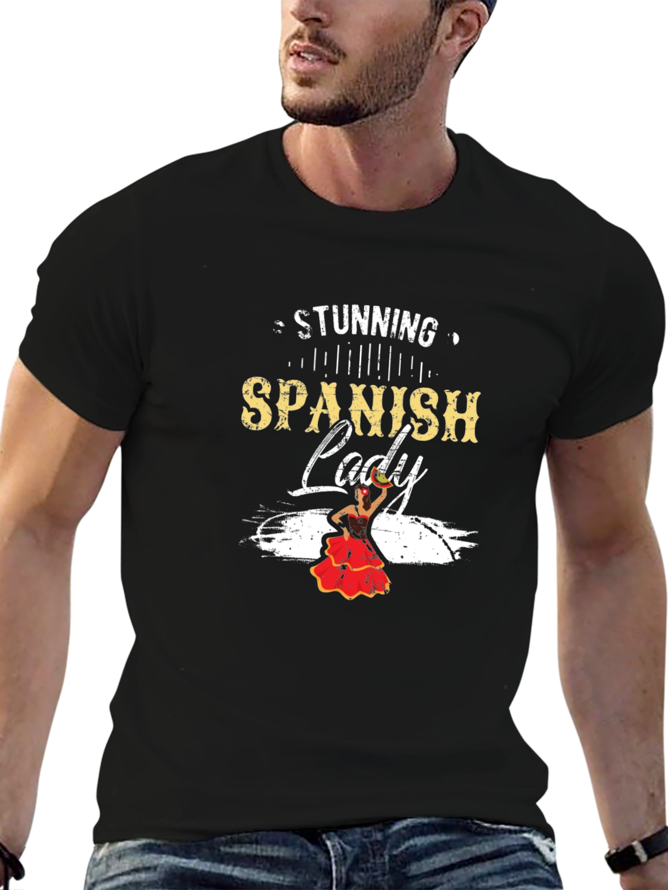 Stunning Spanish Lady Graphic Tee - Black Cotton Blend