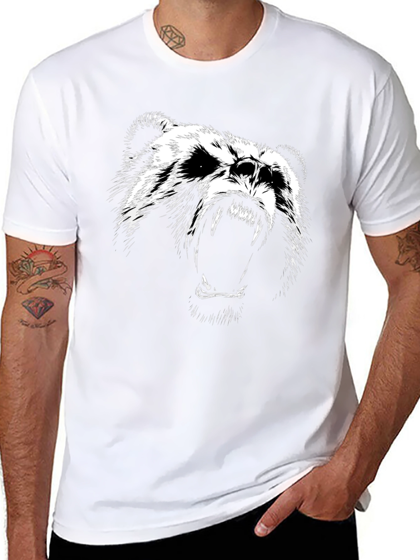 Mens Black T-Shirt with Roaring Bear Graphic