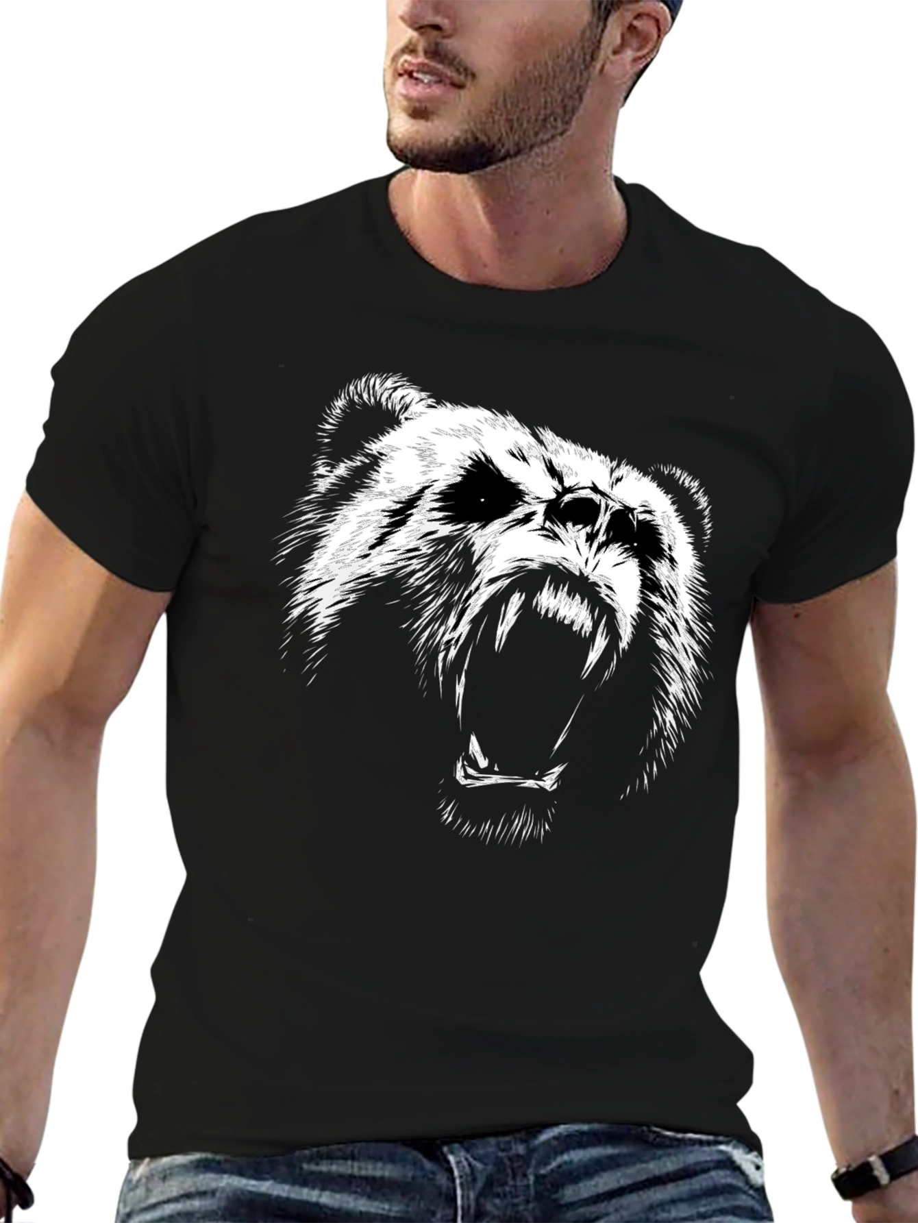 Mens Black T-Shirt with Roaring Bear Graphic