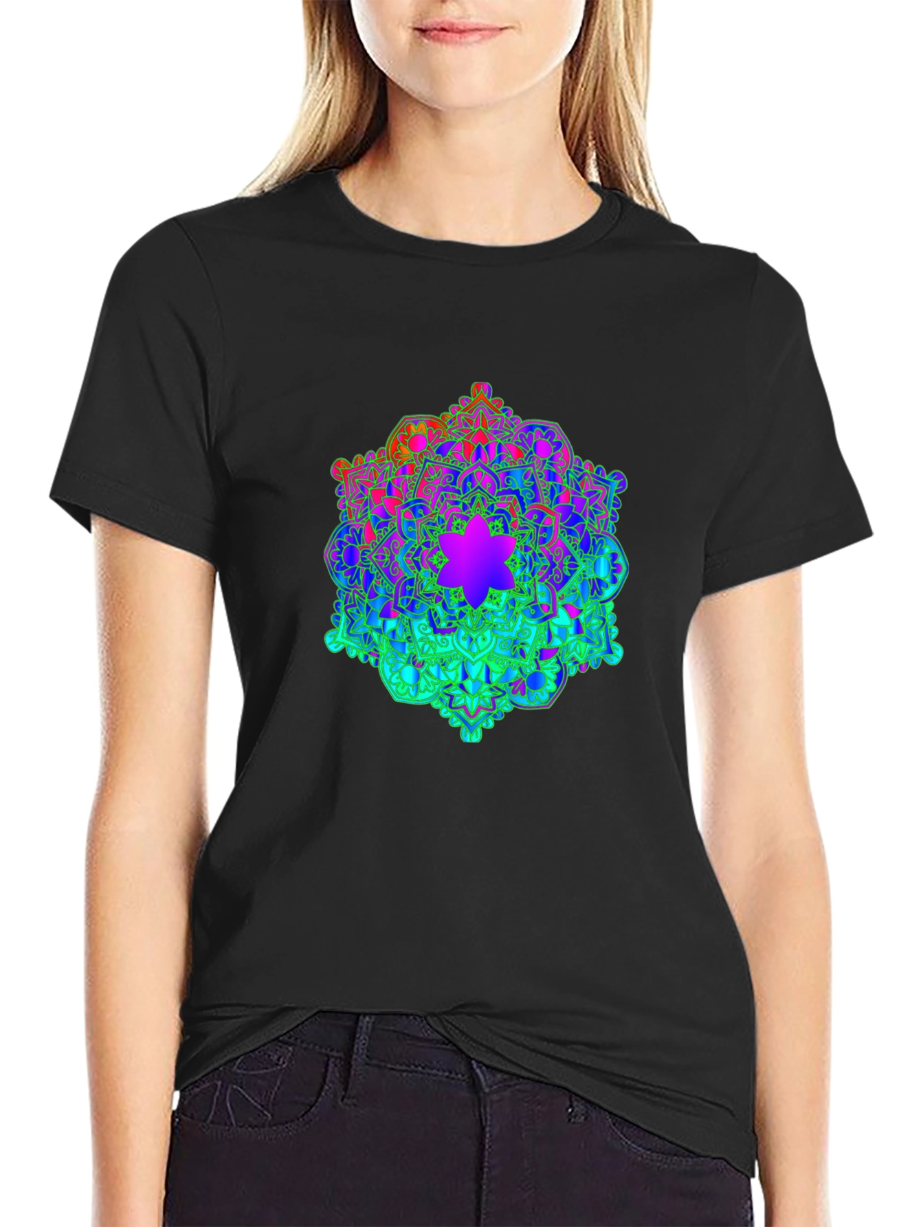 Rainbow Mandala Graphic Print Black T-Shirt