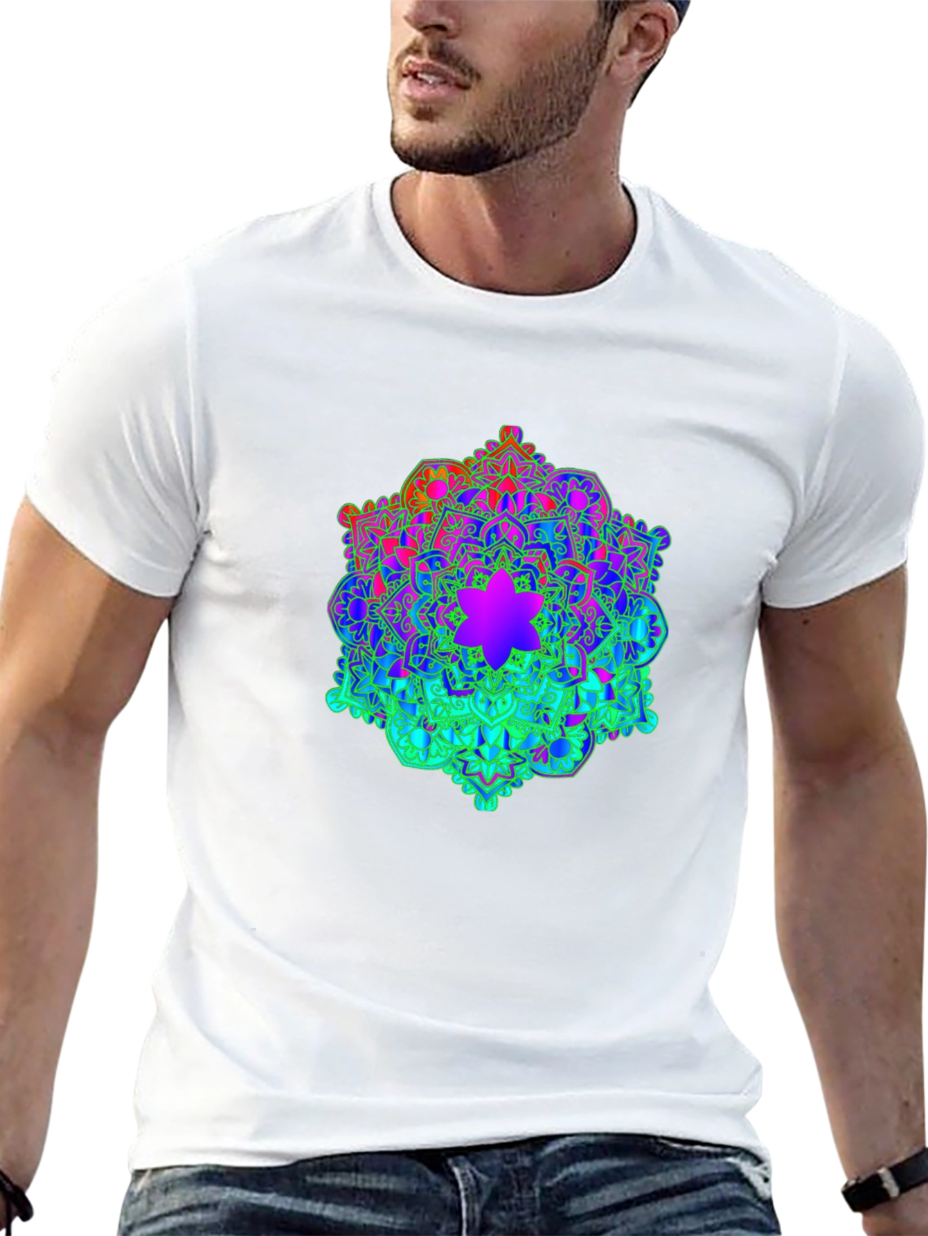 Rainbow Mandala Graphic Print Black T-Shirt