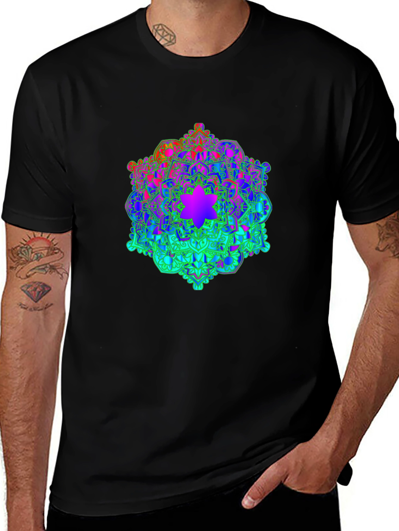 Rainbow Mandala Graphic Print Black T-Shirt