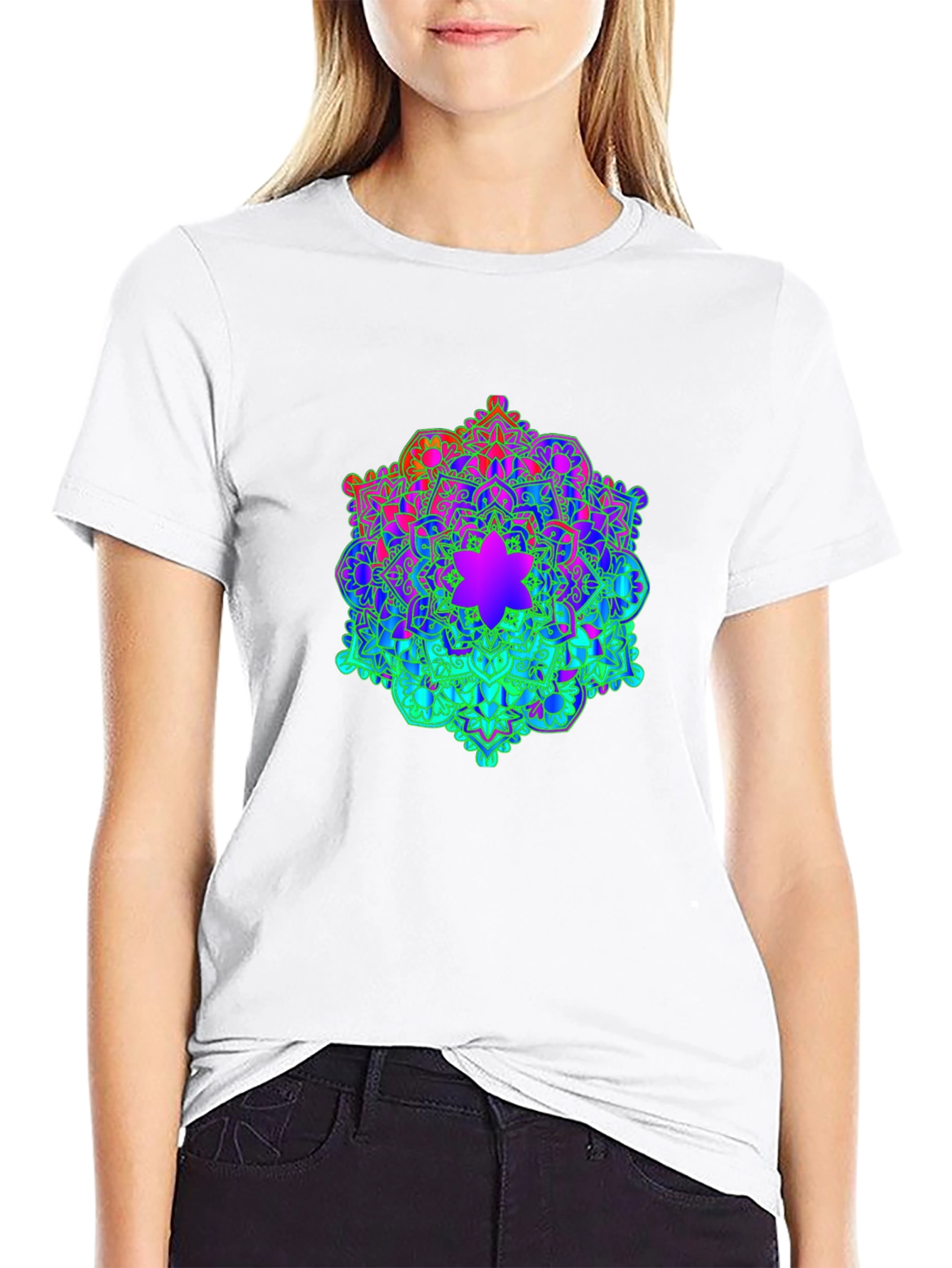 Rainbow Mandala Graphic Print Black T-Shirt