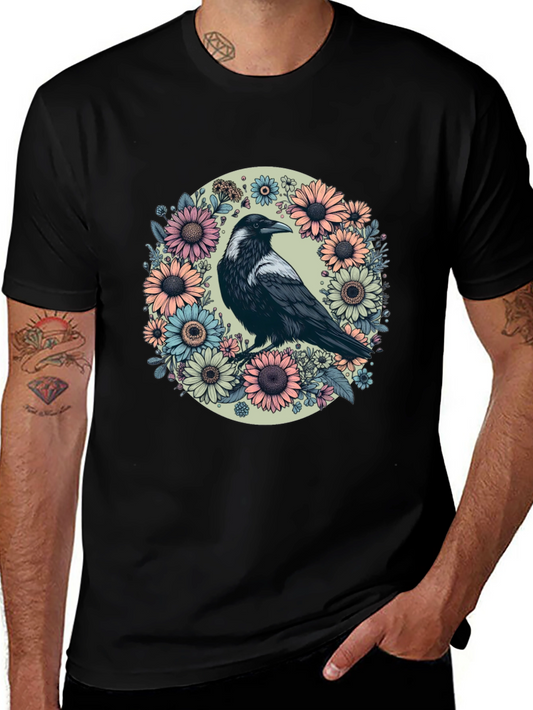 Floral Crow Graphic Tee - Stylish Unisex Black T-Shirt