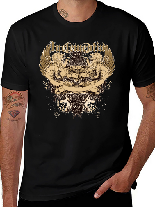 Black Graphic Tee - Lions Skulls & Ornament Design