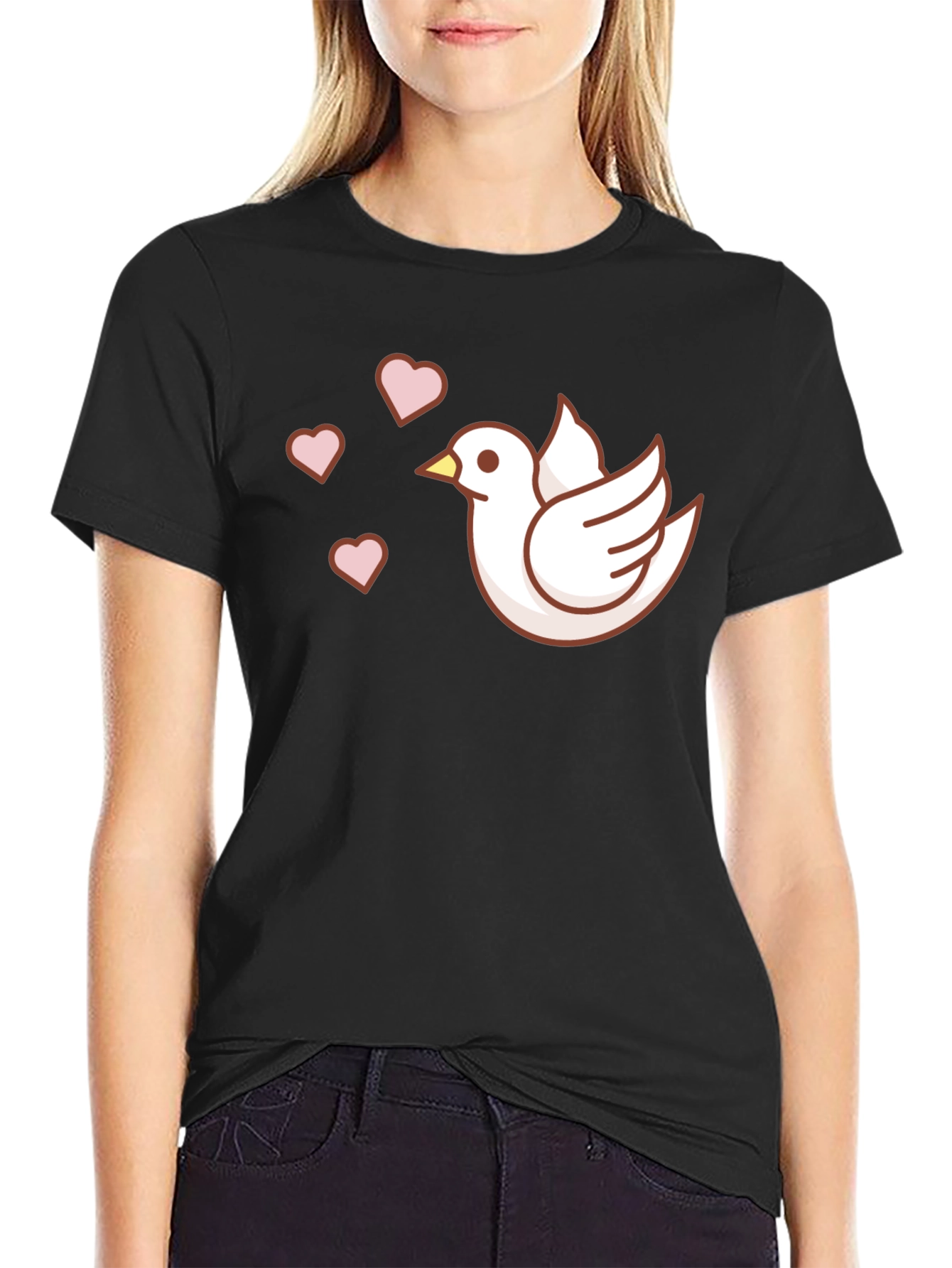 Dove with Hearts Graphic T-Shirt - Black