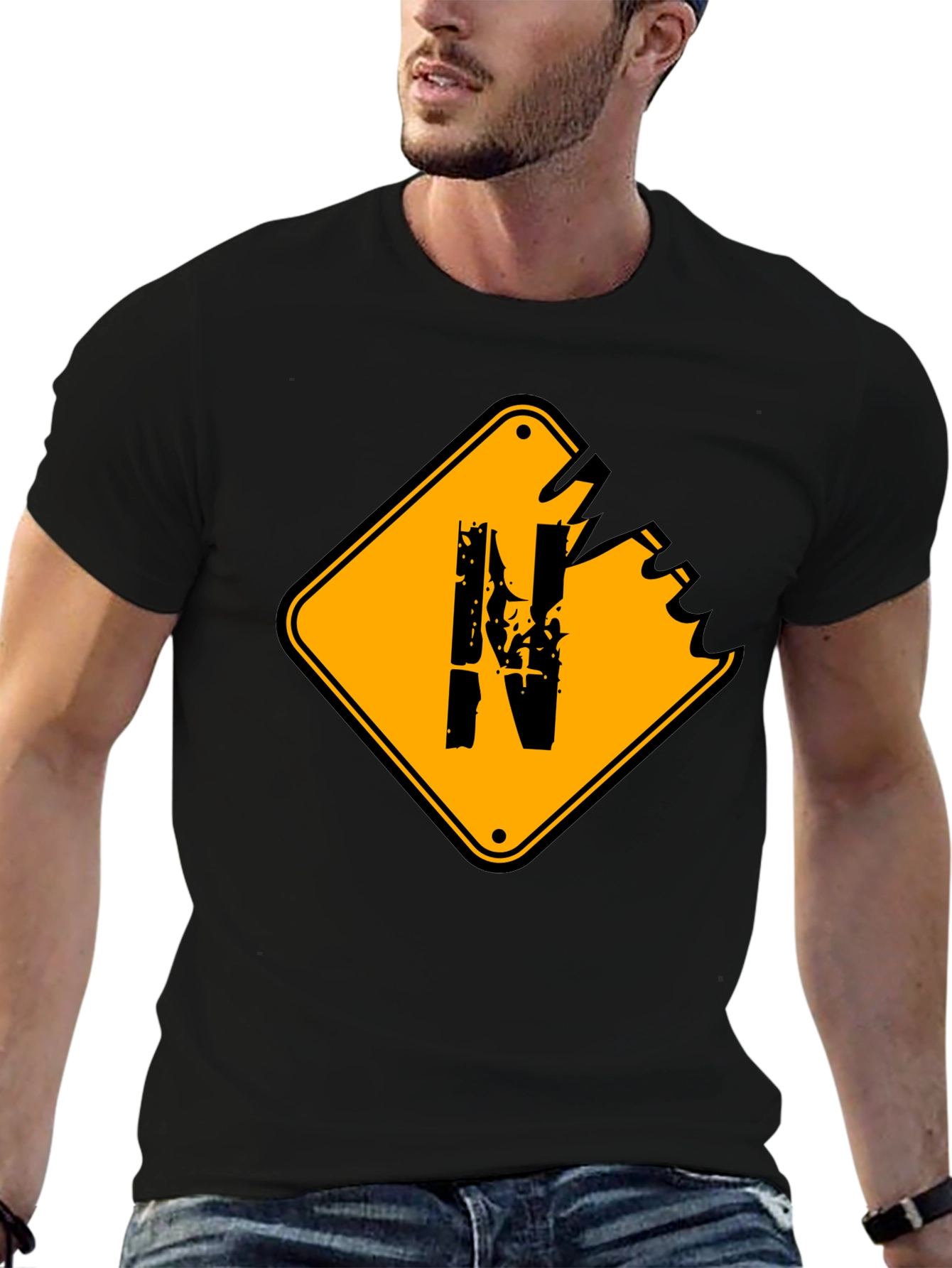 Distressed N Letter Graphic Mens Black T-Shirt