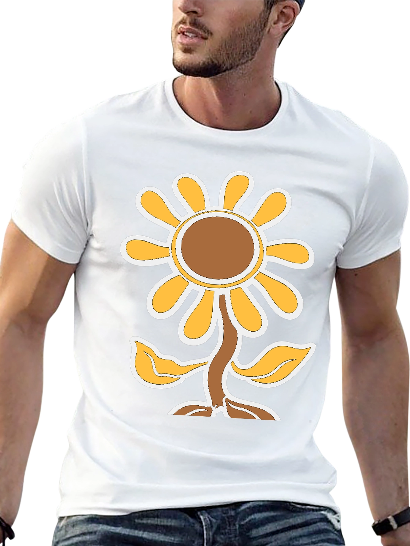 Black T-Shirt with Cute Cartoon Sunflower Design