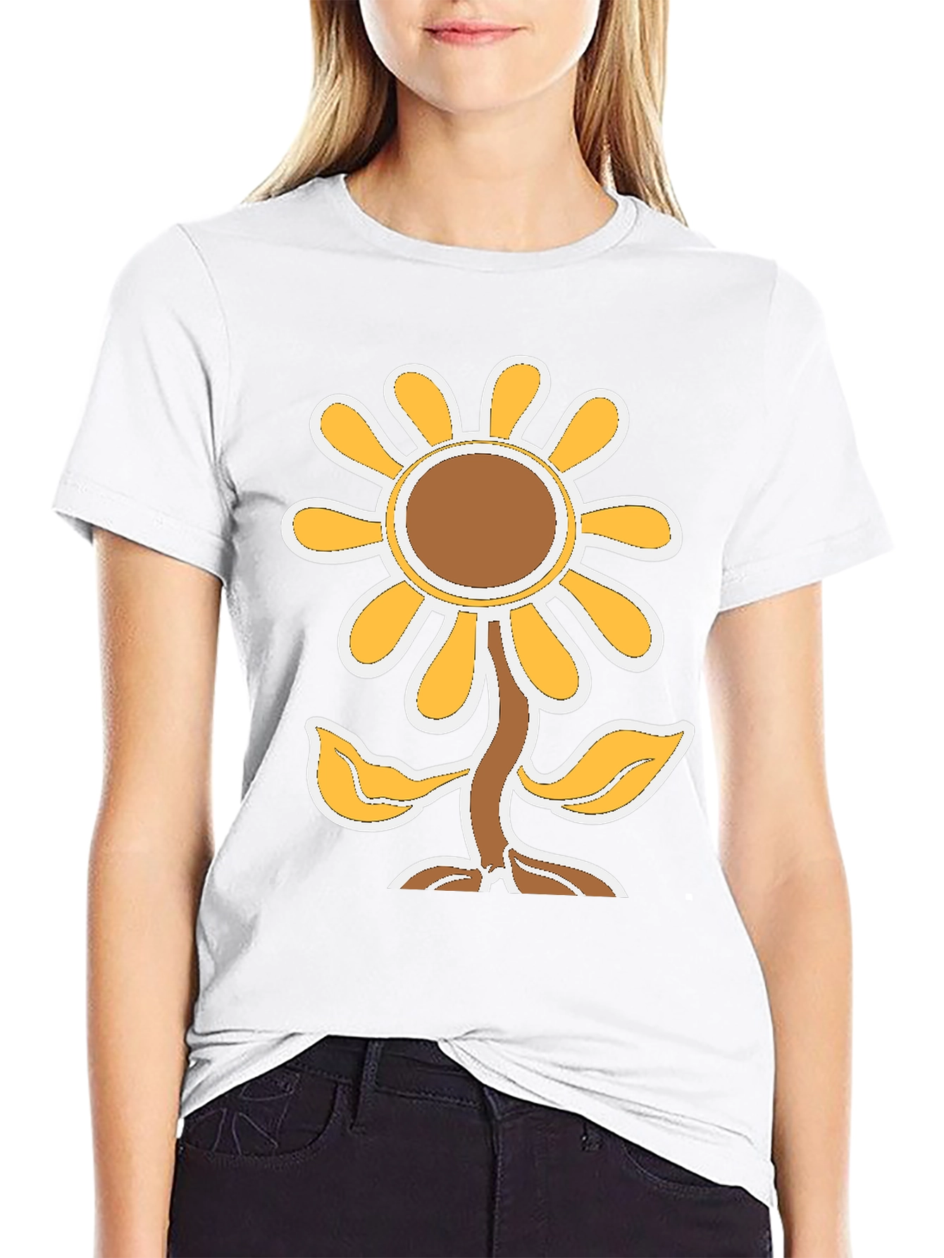 Black T-Shirt with Cute Cartoon Sunflower Design