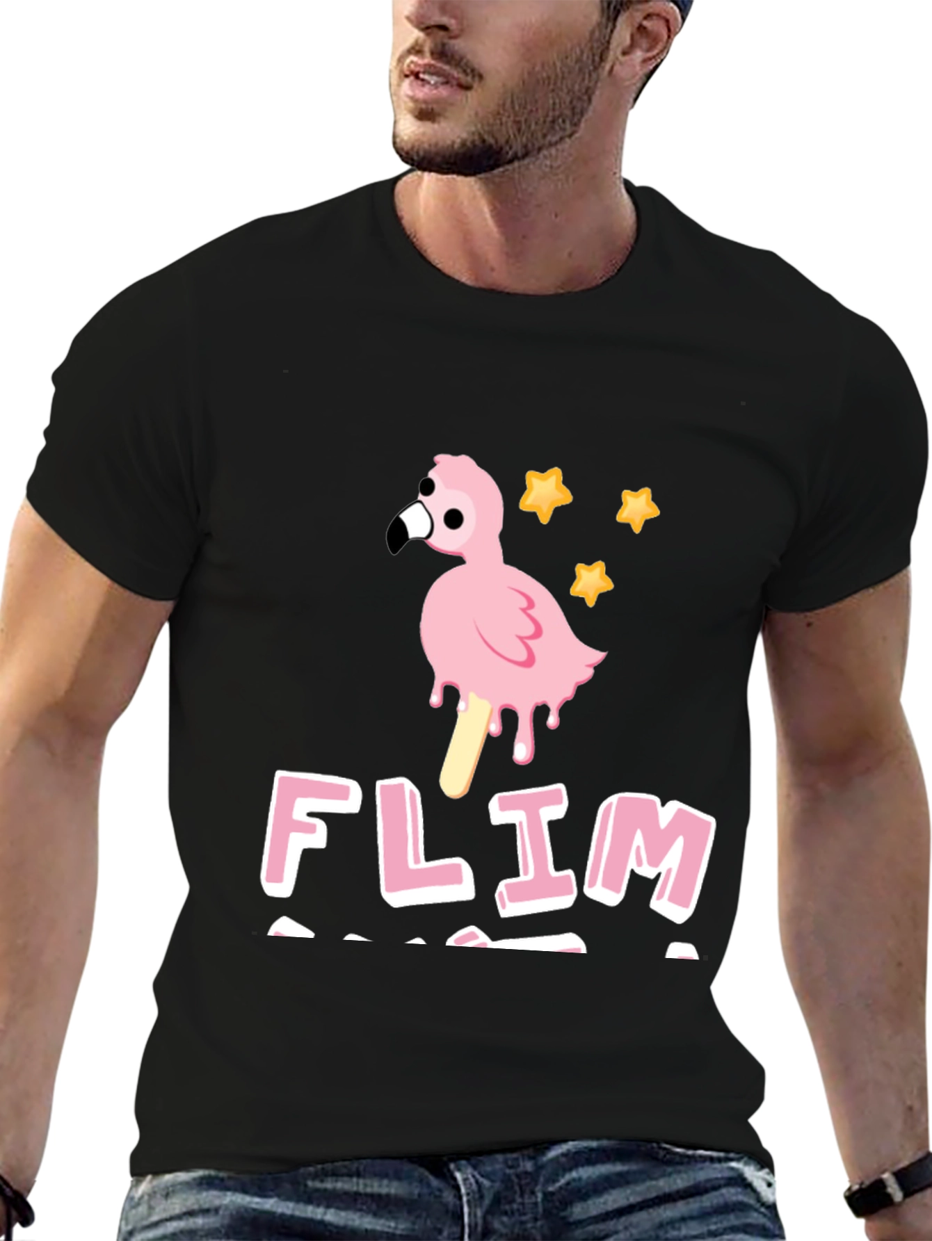 Funny Flamingo Ice Cream Mens Black T-Shirt