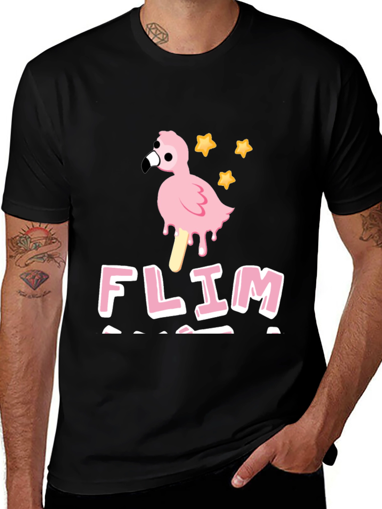Funny Flamingo Ice Cream Mens Black T-Shirt