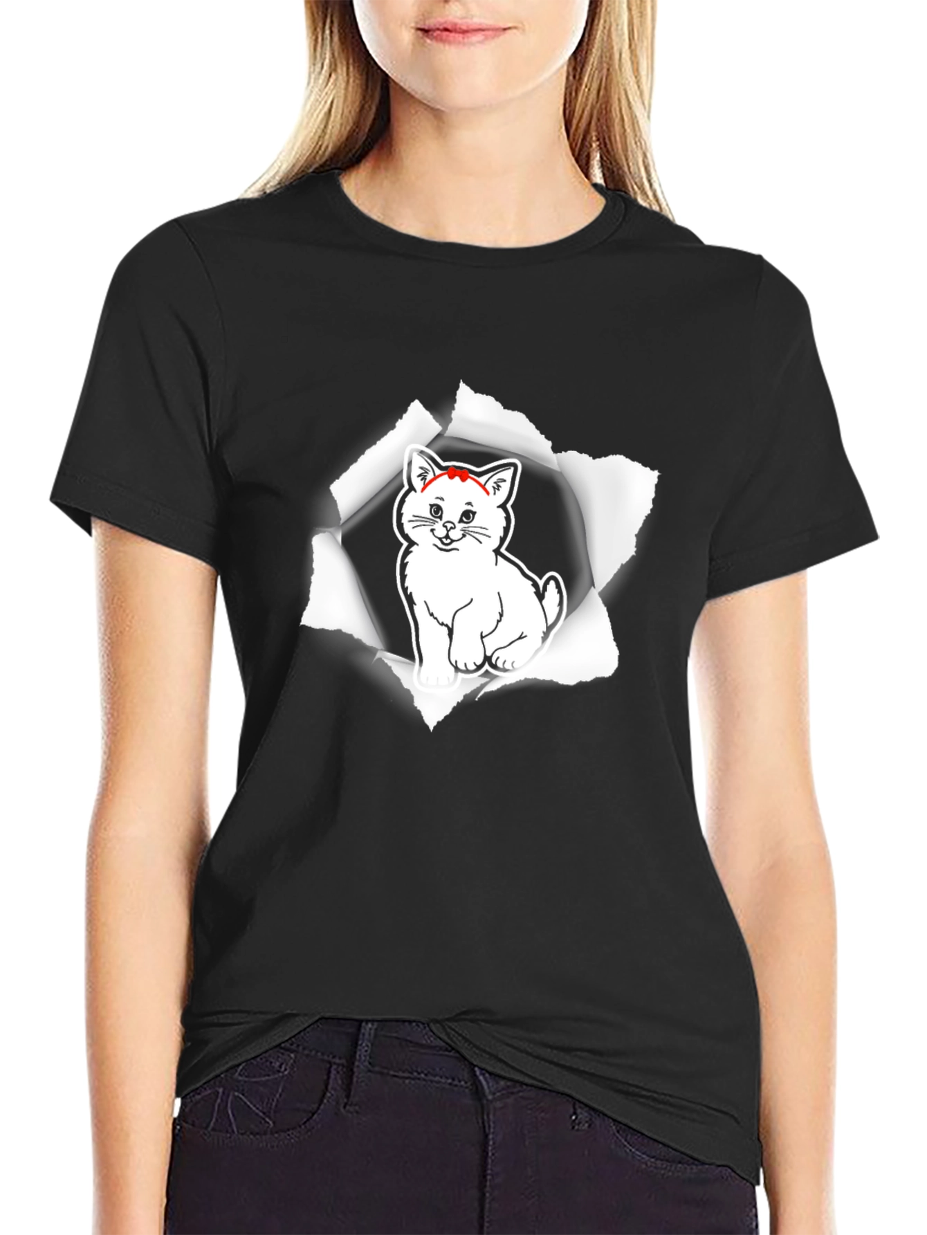 Mens Black T-Shirt with Cat Graphic