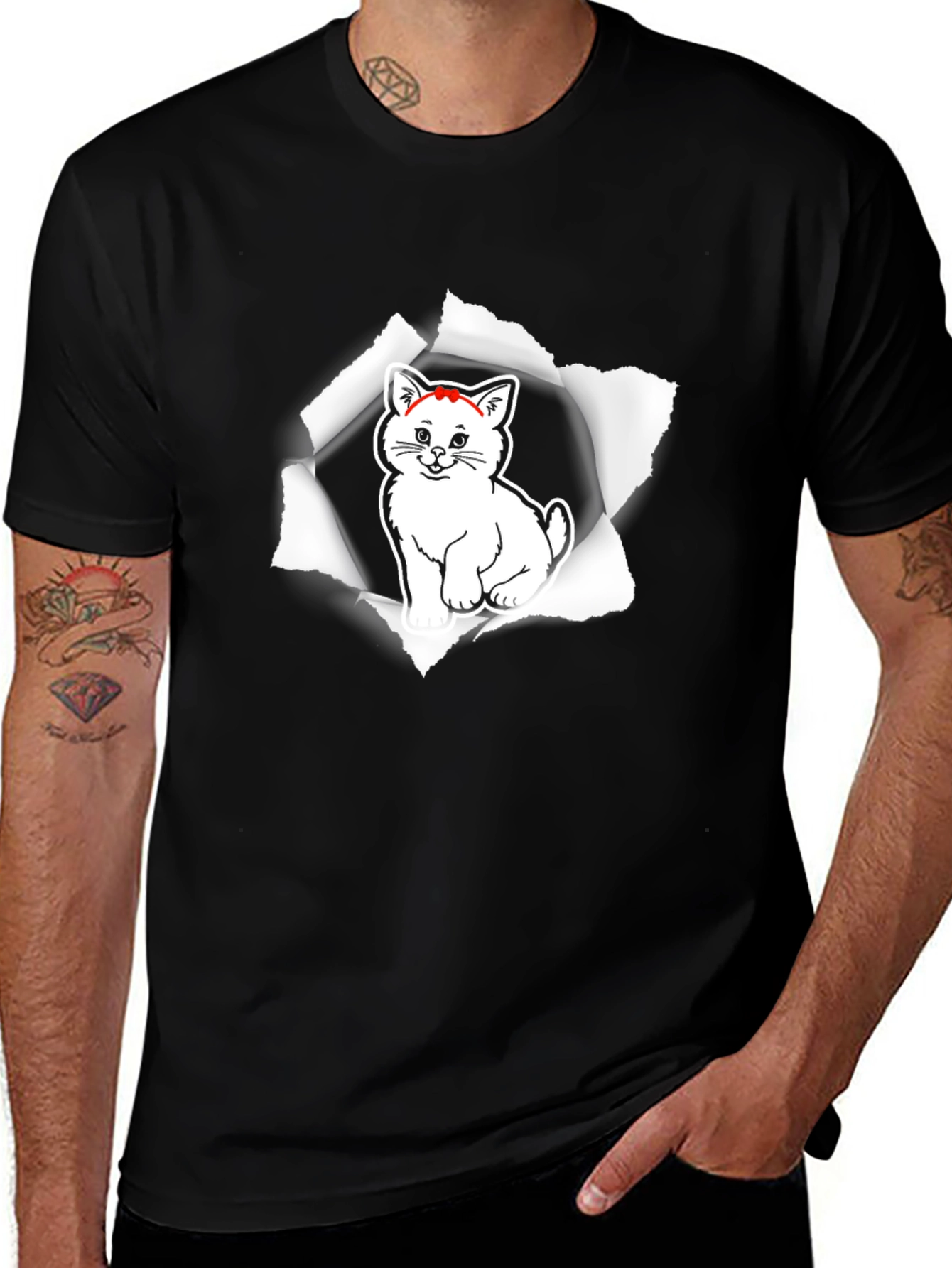 Mens Black T-Shirt with Cat Graphic