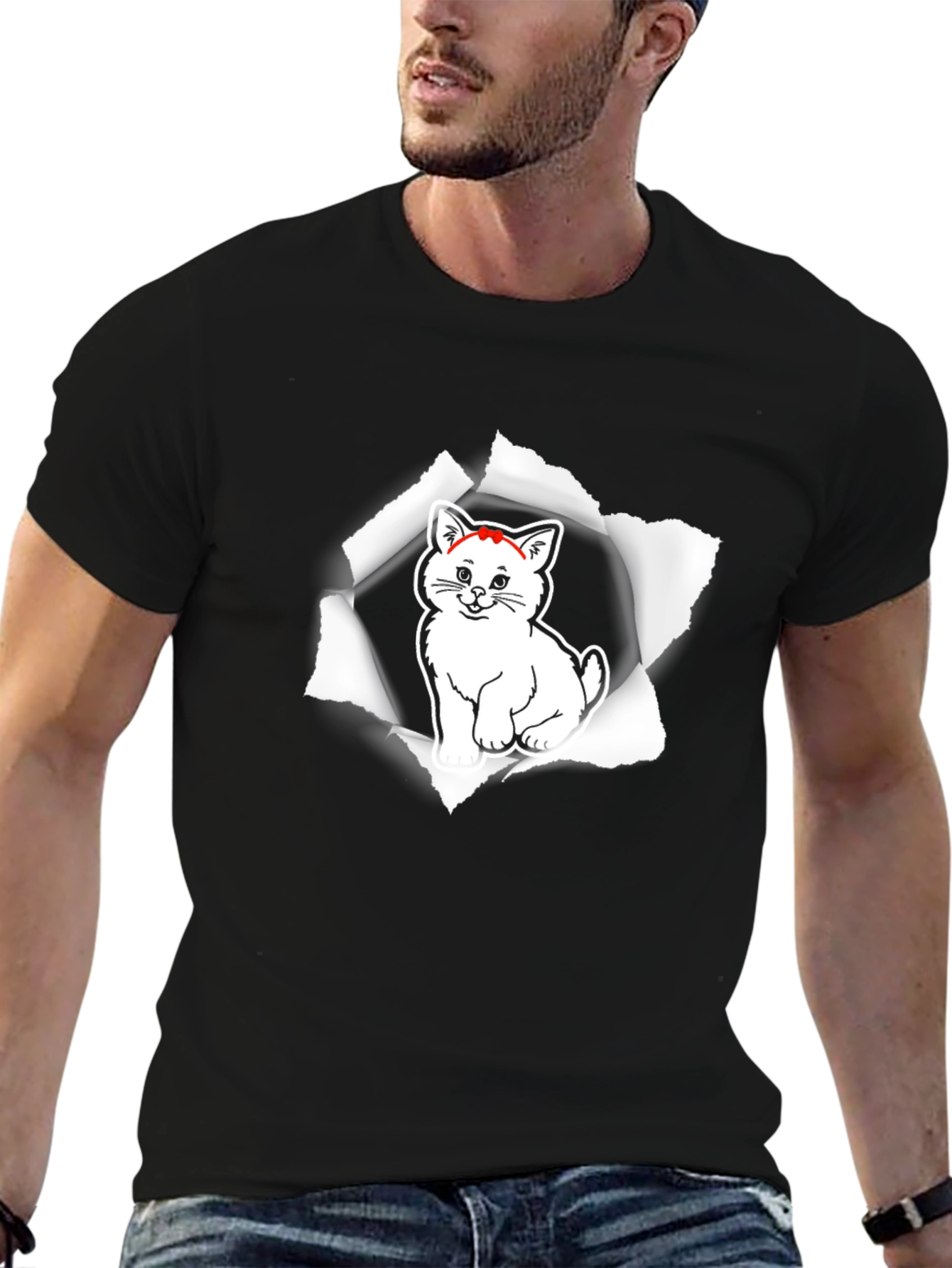 Mens Black T-Shirt with Cat Graphic