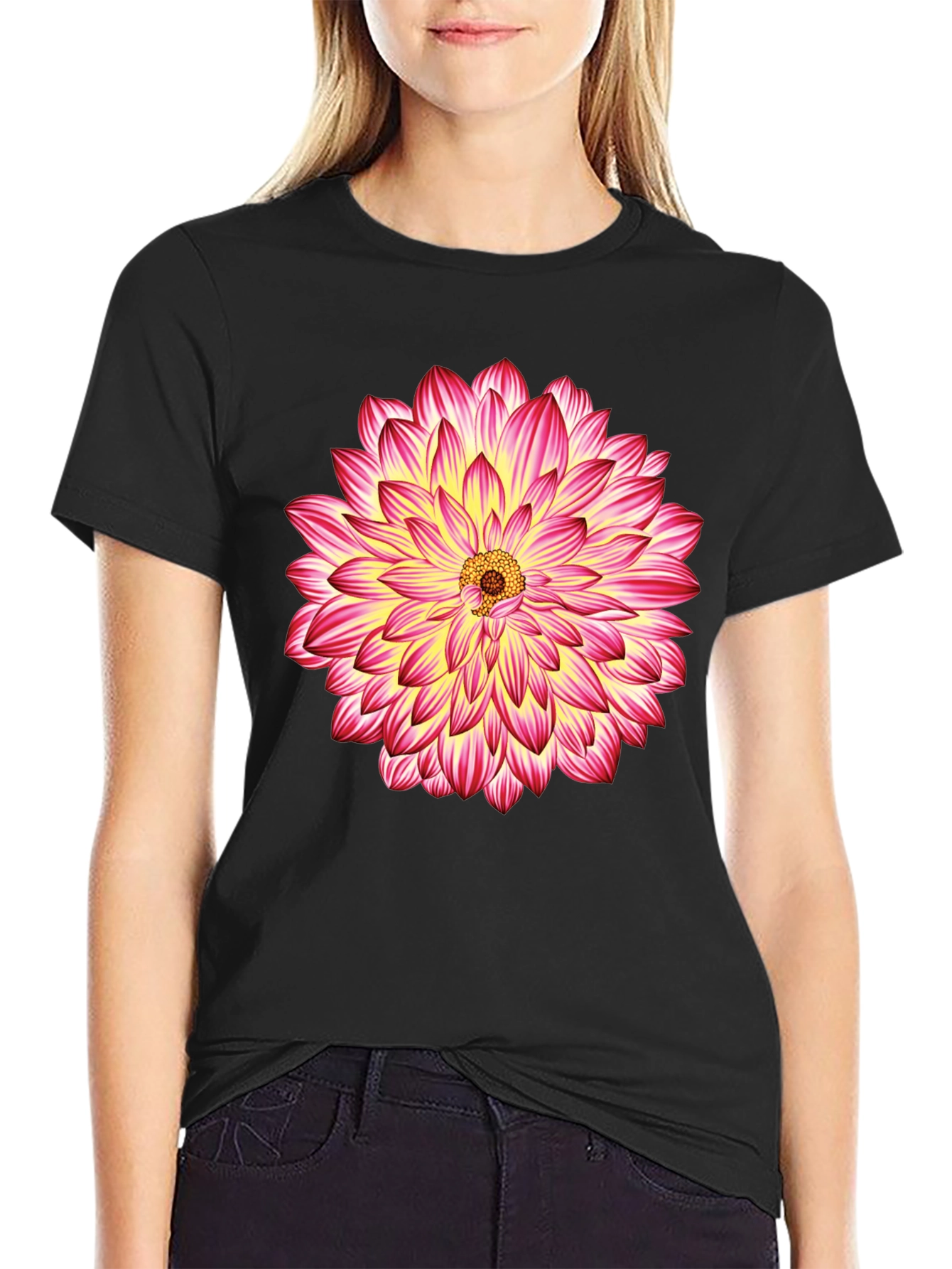 Black T-Shirt with Pink & Yellow Flower Graphic
