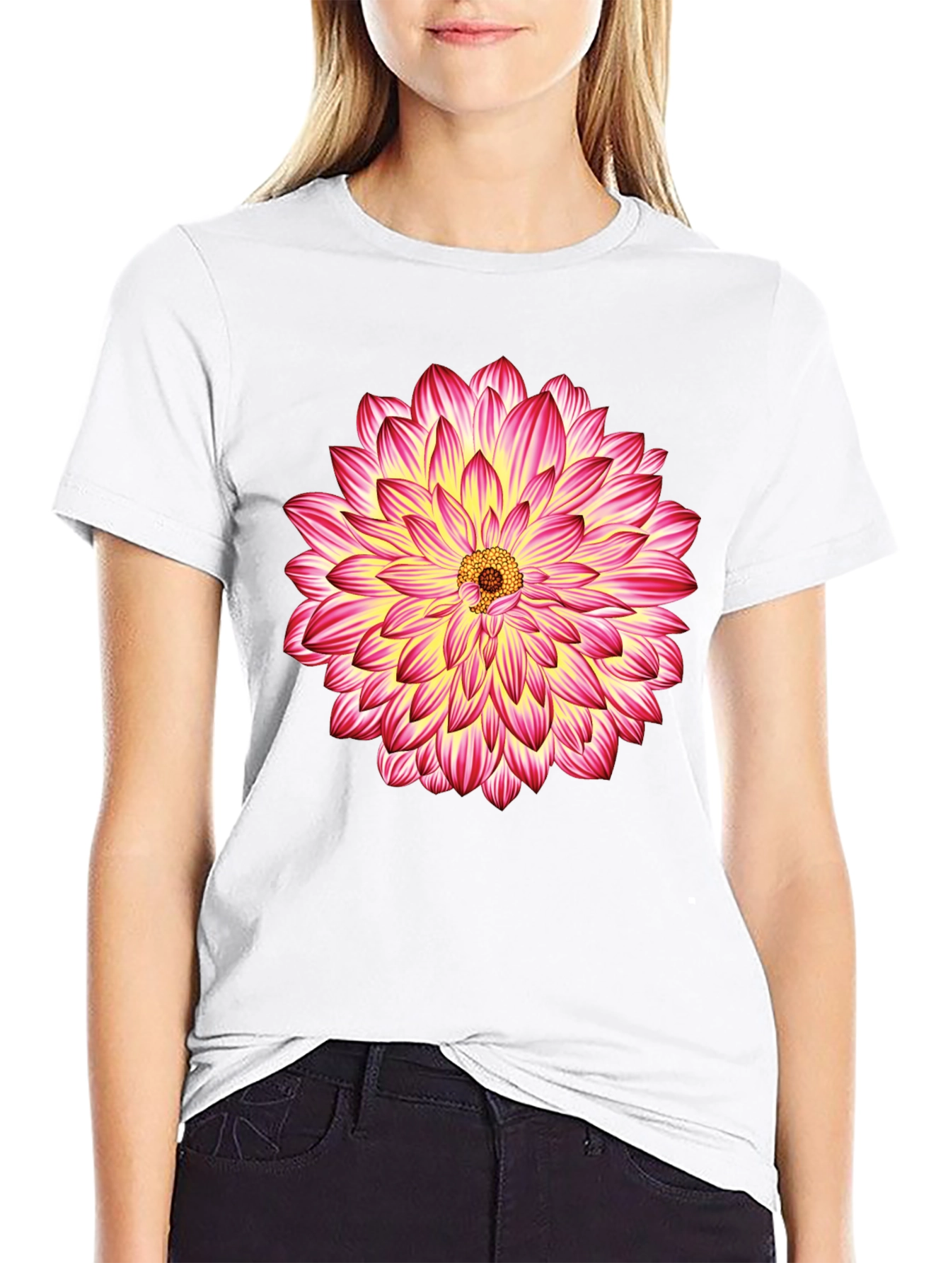 Black T-Shirt with Pink & Yellow Flower Graphic
