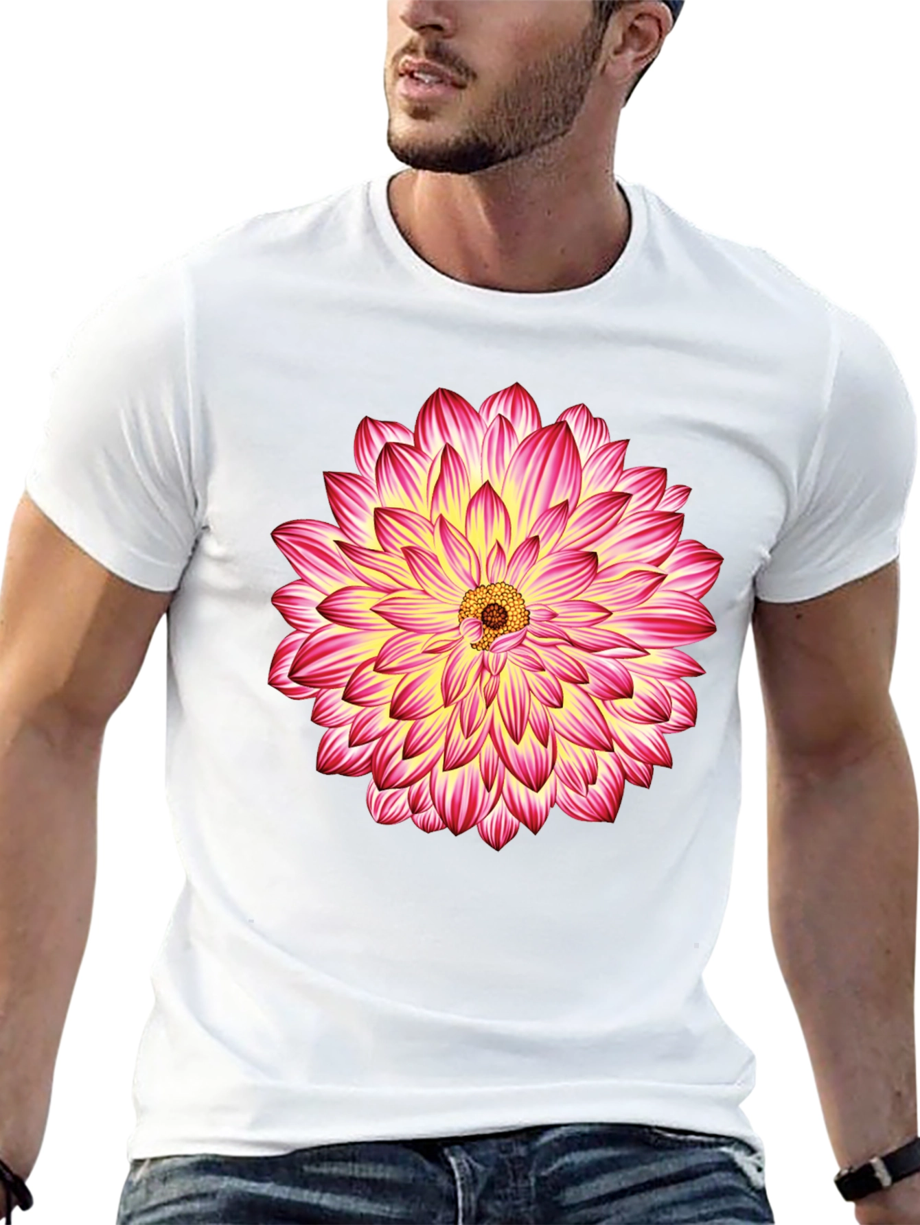 Black T-Shirt with Pink & Yellow Flower Graphic