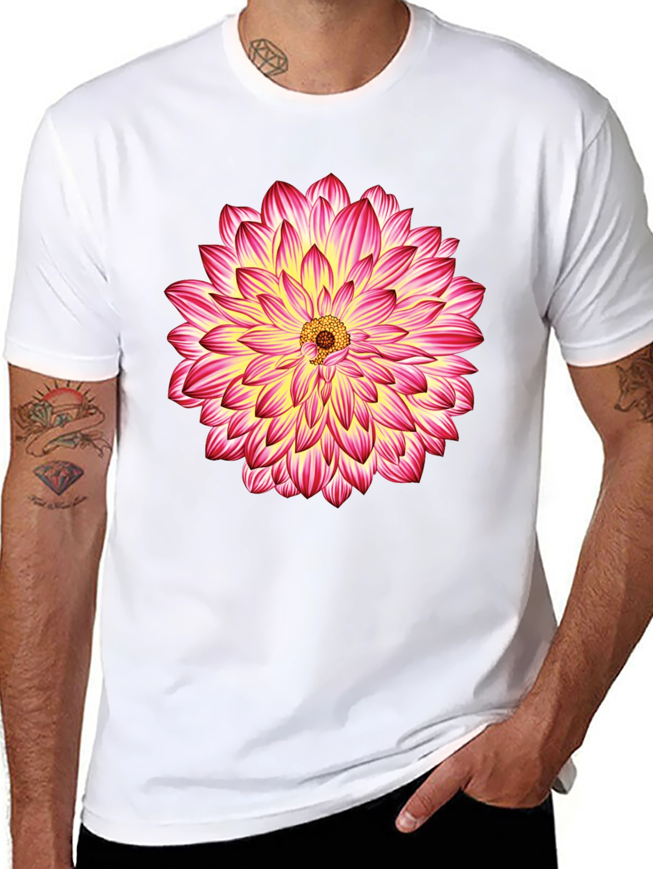 Black T-Shirt with Pink & Yellow Flower Graphic