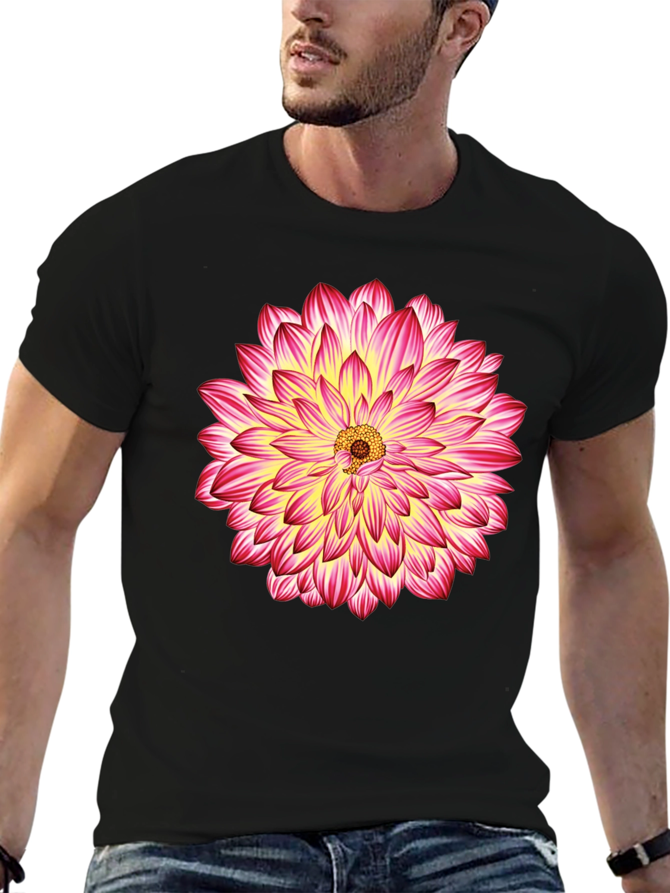 Black T-Shirt with Pink & Yellow Flower Graphic