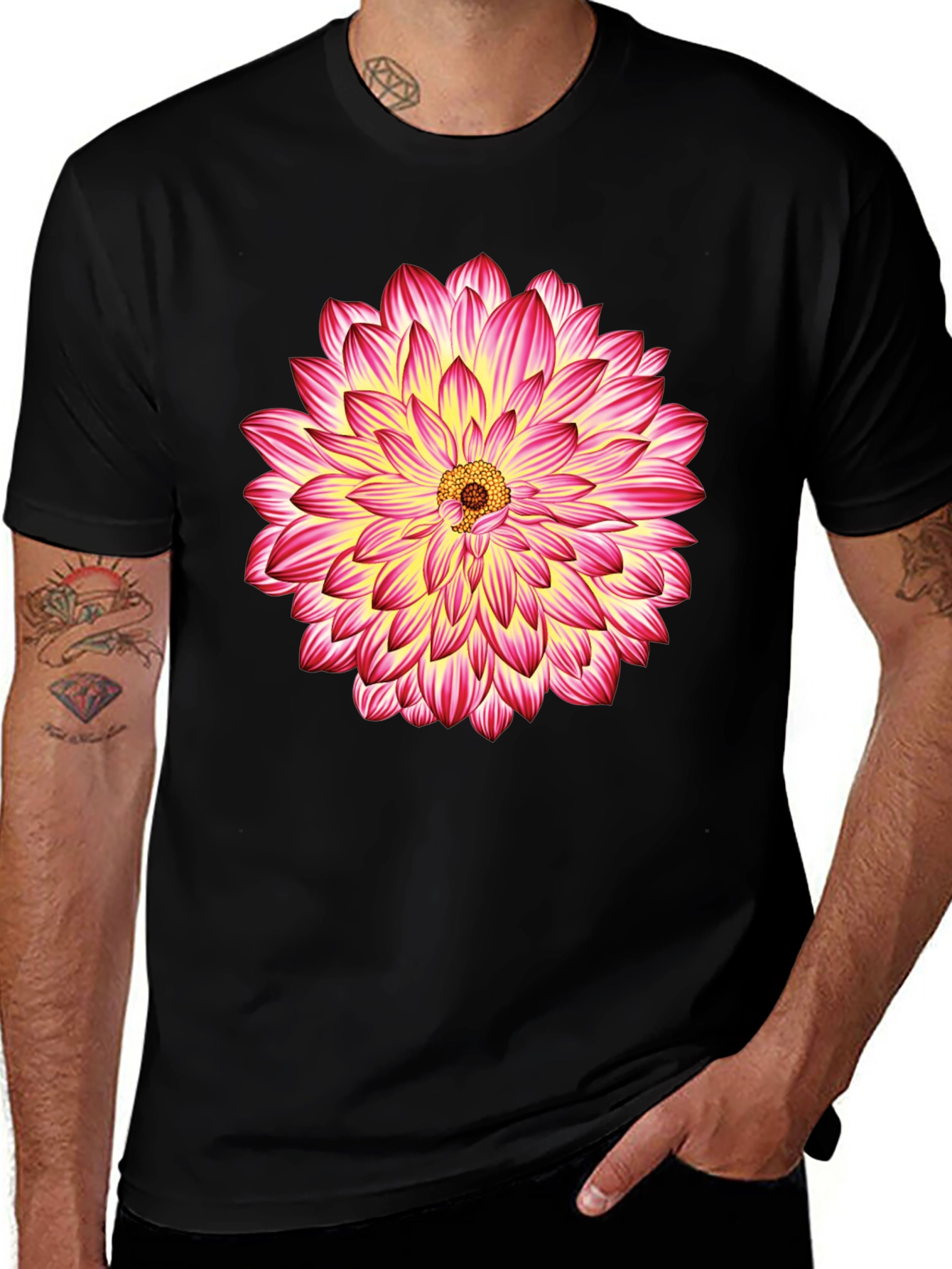 Black T-Shirt with Pink & Yellow Flower Graphic