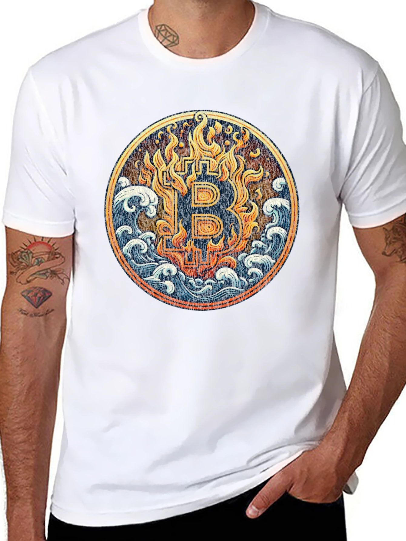 Bitcoin Fire & Waves Graphic Tee - Black