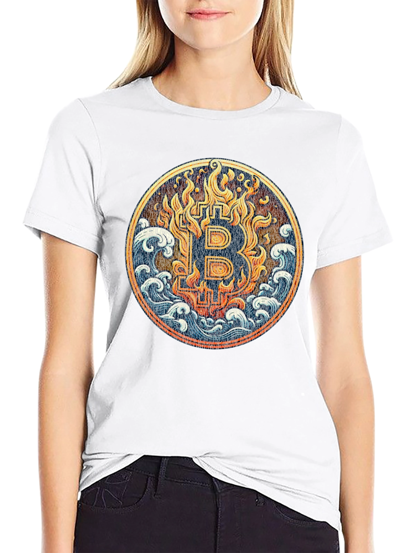 Bitcoin Fire & Waves Graphic Tee - Black