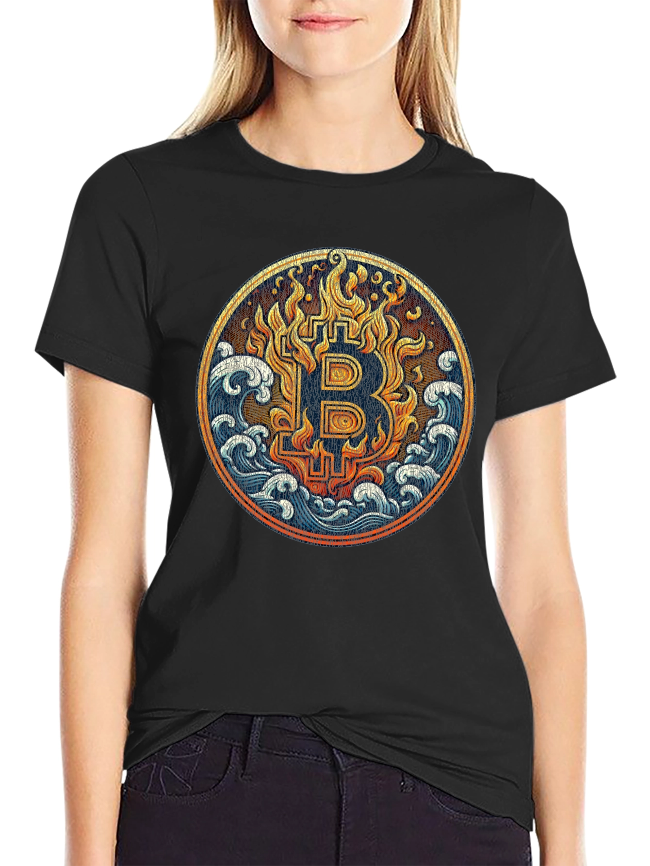 Bitcoin Fire & Waves Graphic Tee - Black