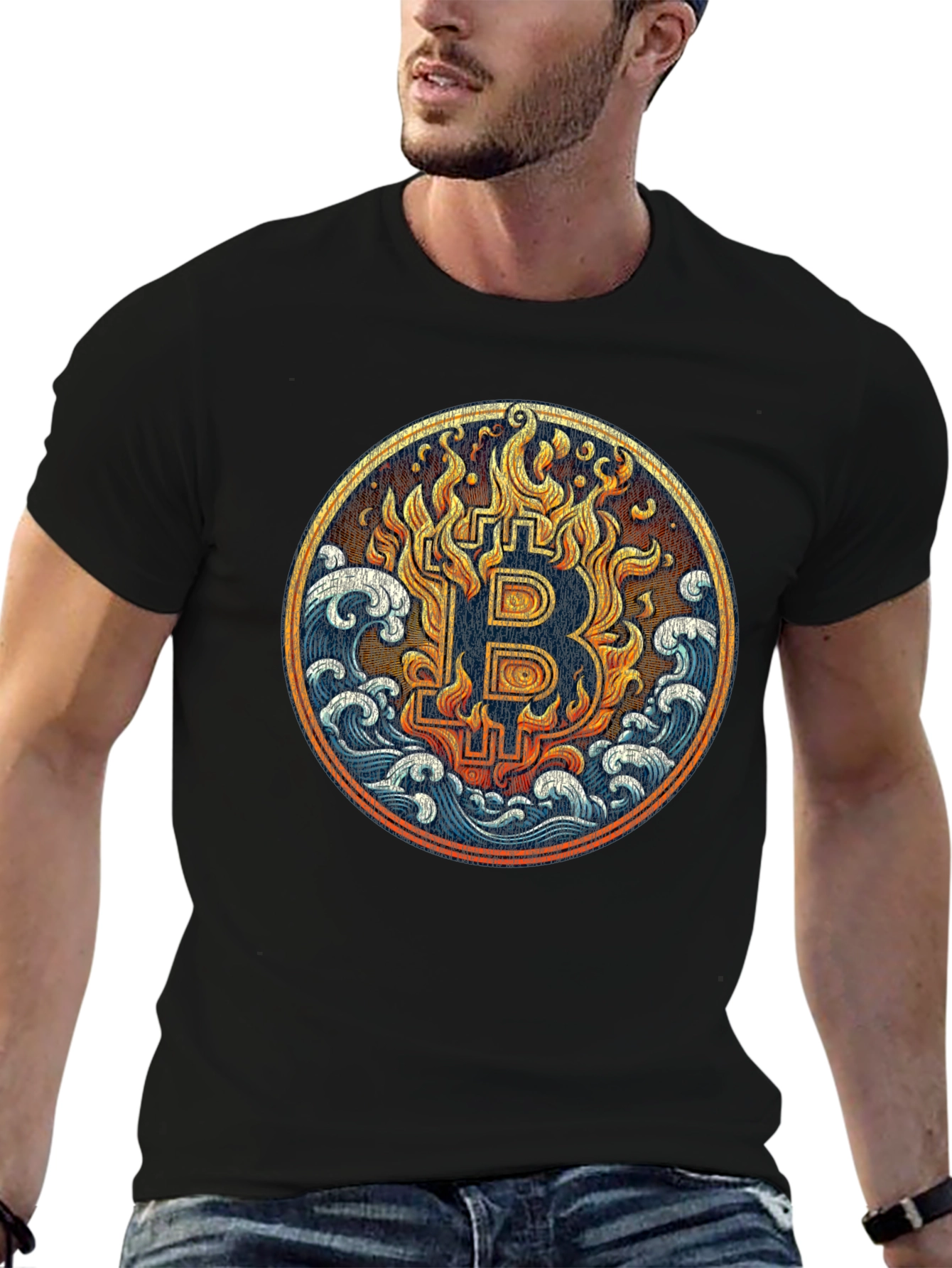 Bitcoin Fire & Waves Graphic Tee - Black