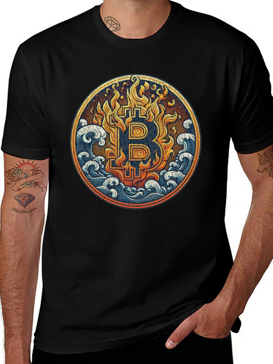 Bitcoin Fire & Waves Graphic Tee - Black