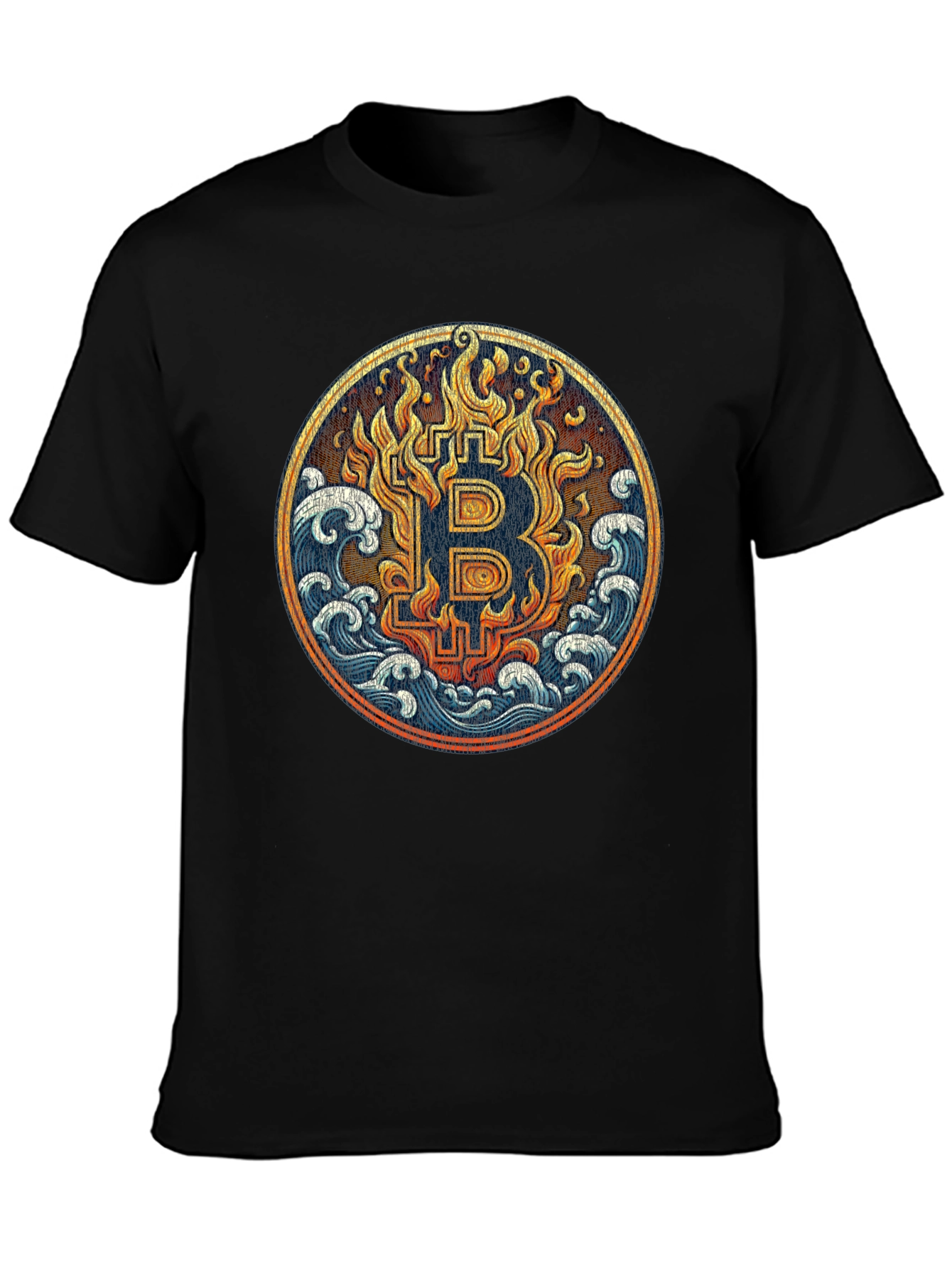 Bitcoin Fire & Waves Graphic Tee - Black