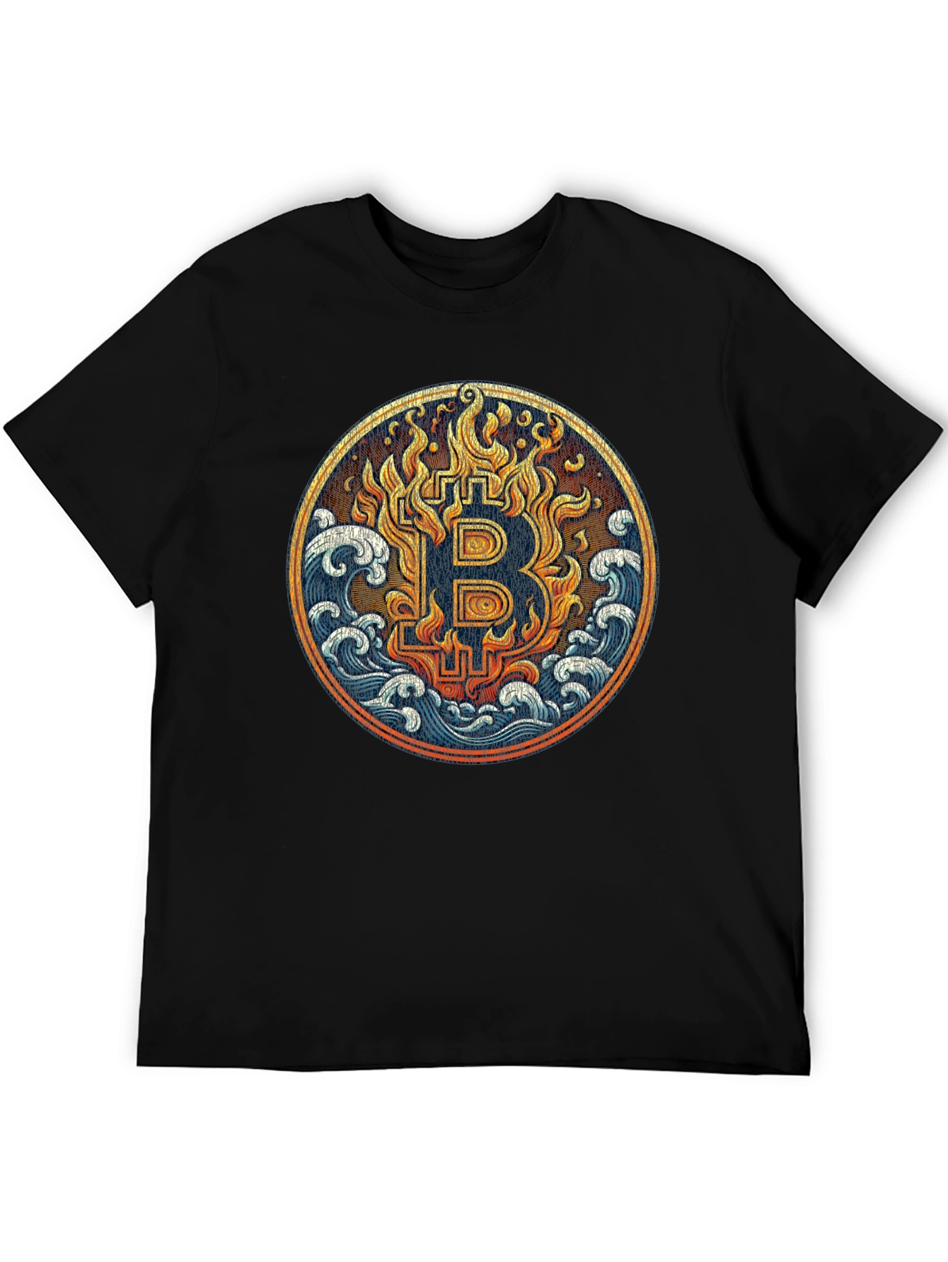 Bitcoin Fire & Waves Graphic Tee - Black